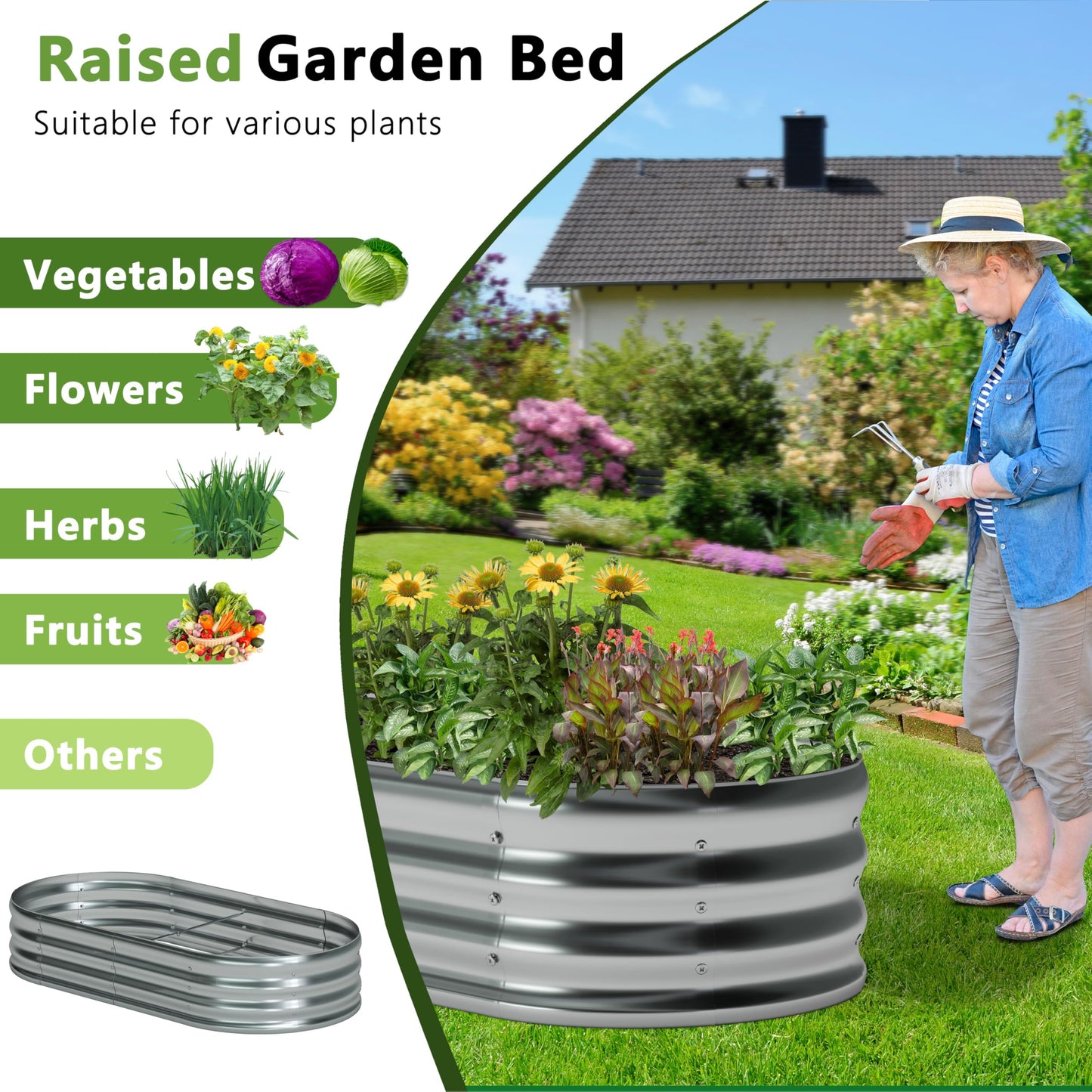 Foxlang 4x2x1ft(2 Pack) Galvanized Oval Raised Garden Bed,Outdoor Planter Box Metal Patio Kit Planting Bed for Vegetables Flowers Herb,Silver