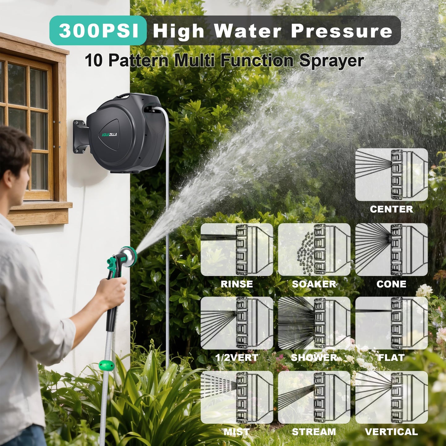 Retractable Garden Hose Reel - 5/8 in x 100 ft Automatic Wall Mount Heavy Duty Automatic Water Hose Reel with 9 Patterns Nozzle, Kink-Resistant Hose, 180° Swivel, Auto-Lock for Outdoor Watering