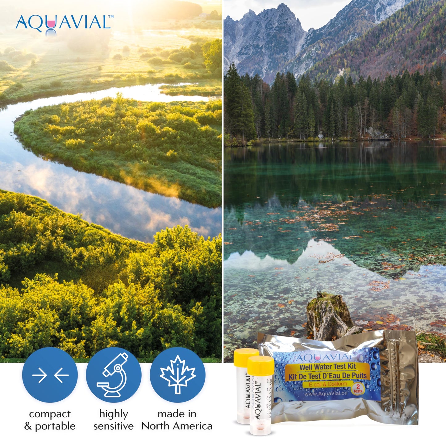 AquaVial Water Testing Kit 2 Pack - E Coli and Coliform Test for Drinking, Pool, Pond, Lake, Well Quality - Bacteria Tester