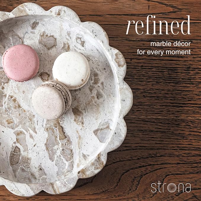 Beige Scalloped Marble Tray - 8 Inch Round Stone Vanity Tray for Perfume & Jewelry, Marble Dish for Bathroom Countertop & Kitchen Counter, Brown Decorative Tray for Bathroom & Kitchen, Modern Catchall