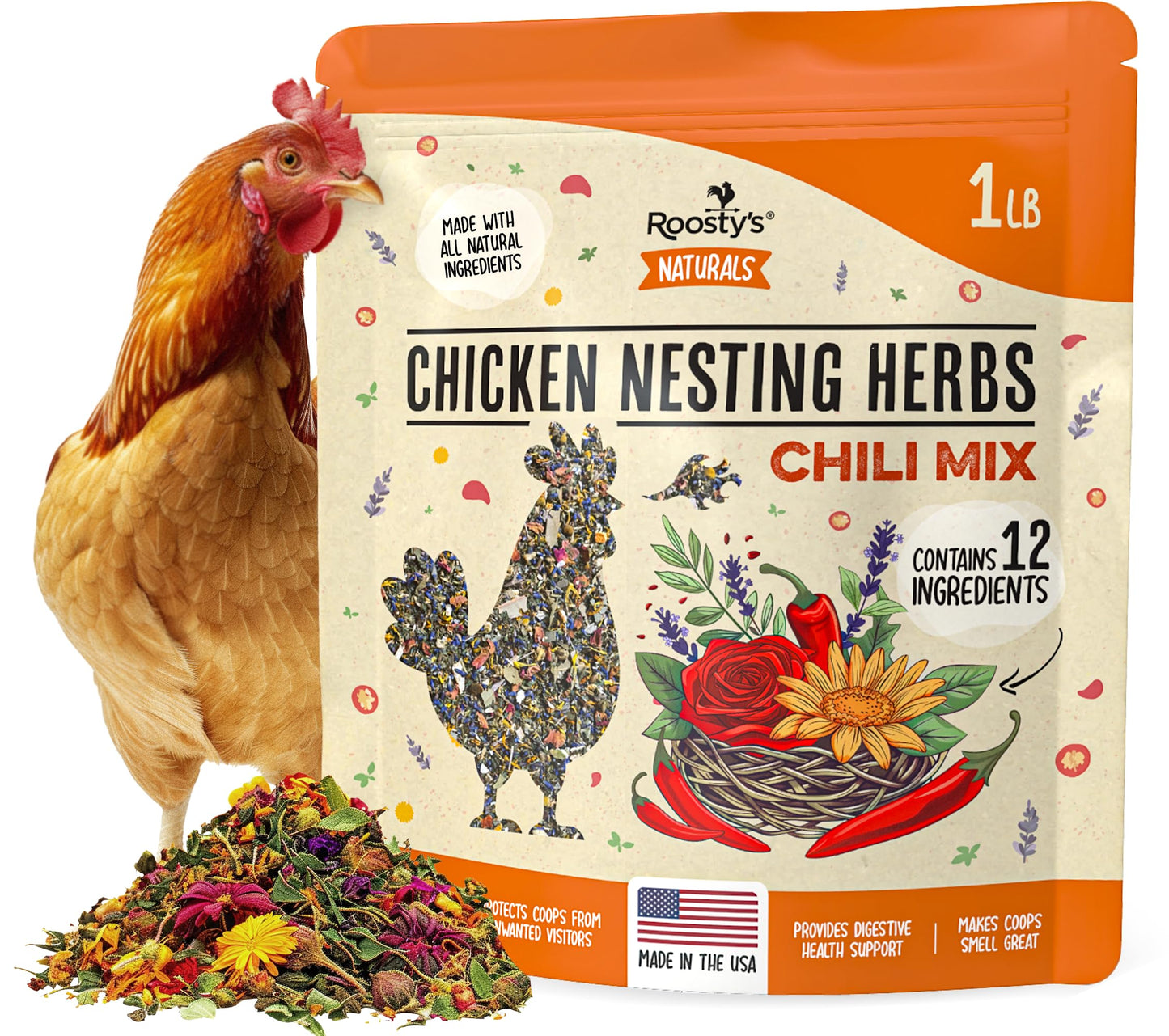 Roosty's Naturals Chicken Nesting Herbs - Chili Mix | 1LB Premium Nesting Herbs for Coop | Made in The USA | Chicken Treat and mixes with Coop Bedding as a Coop Refresher