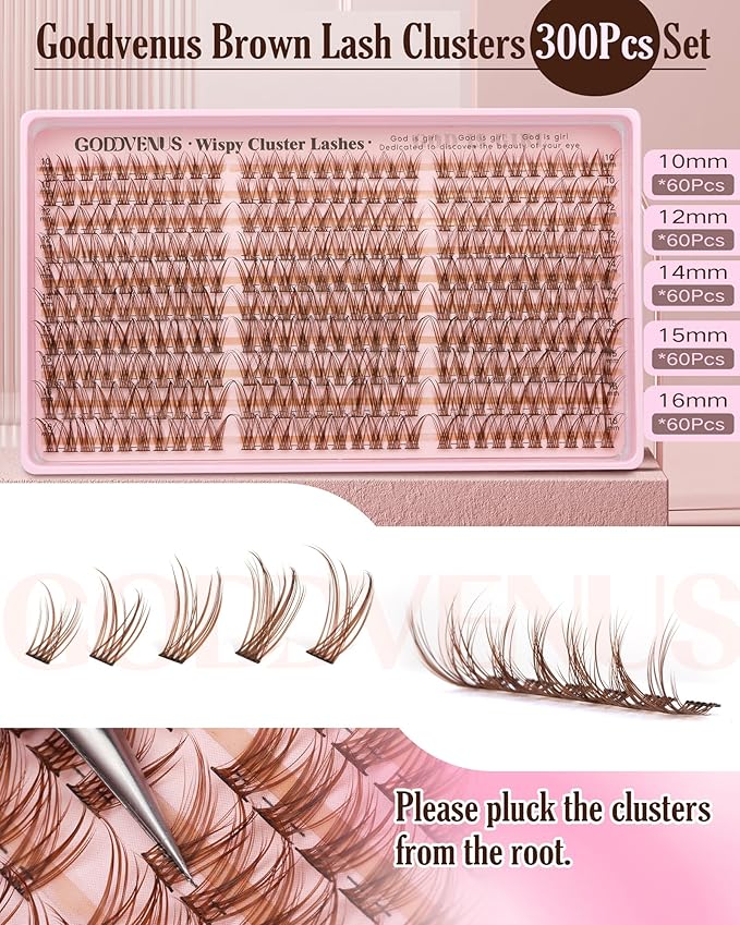 Brown Lash Clusters Natural For Soft Glam 300Pcs Wispy Lashes Cluster Eyelash Cluster Extensions C Curve Individual Lashes DIY Lash Extension Waterproof & Long - Lasting (10-16mm)