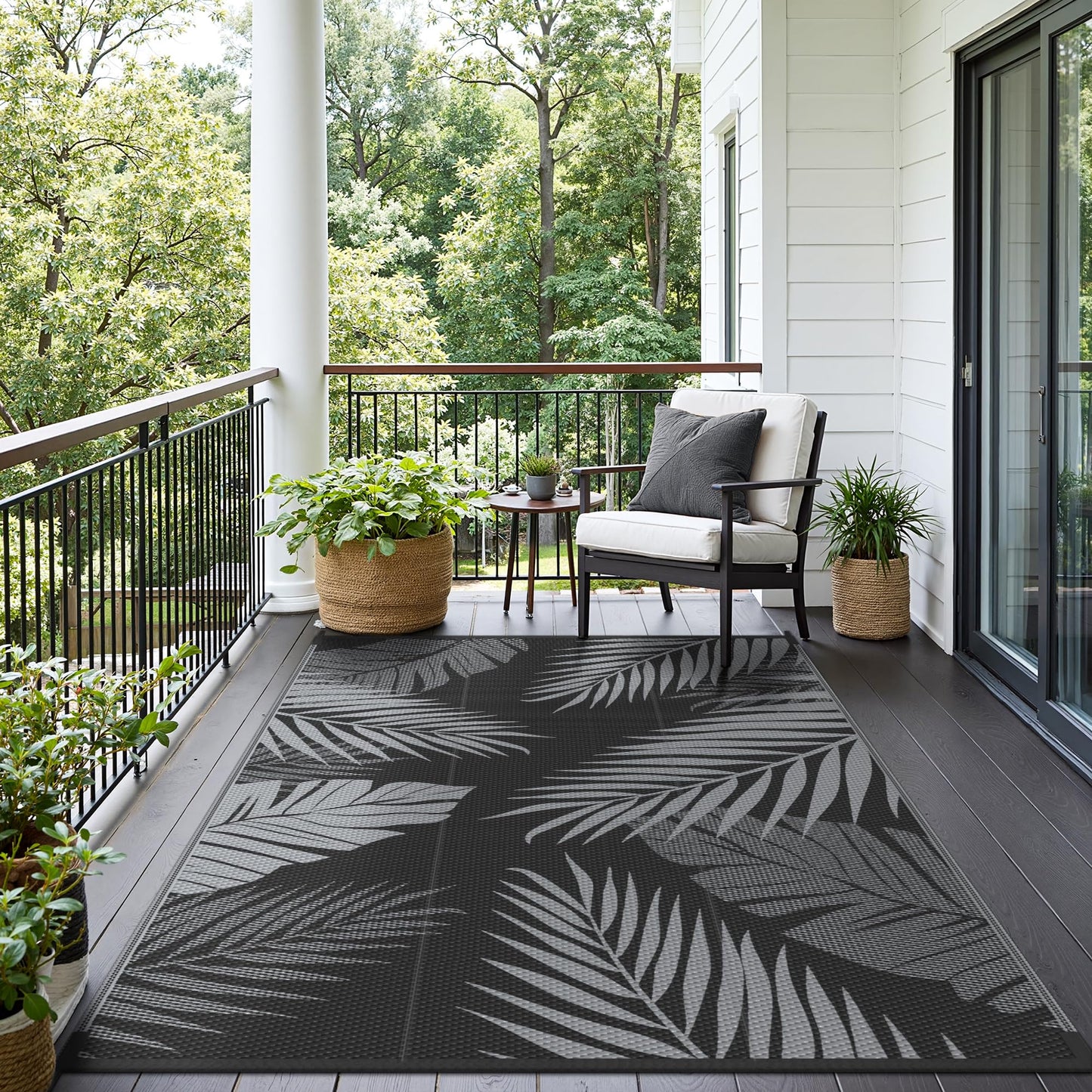 sarben Outdoor Rug 8’x10’ Waterproof for Patio Clearance, Reversible Indoor Outdoor Plastic Straw Camping Rug Carpet, RV Mat, Large Area Rug for Deck, Backyard, Balcony, Porch, Beach, Black & Grey