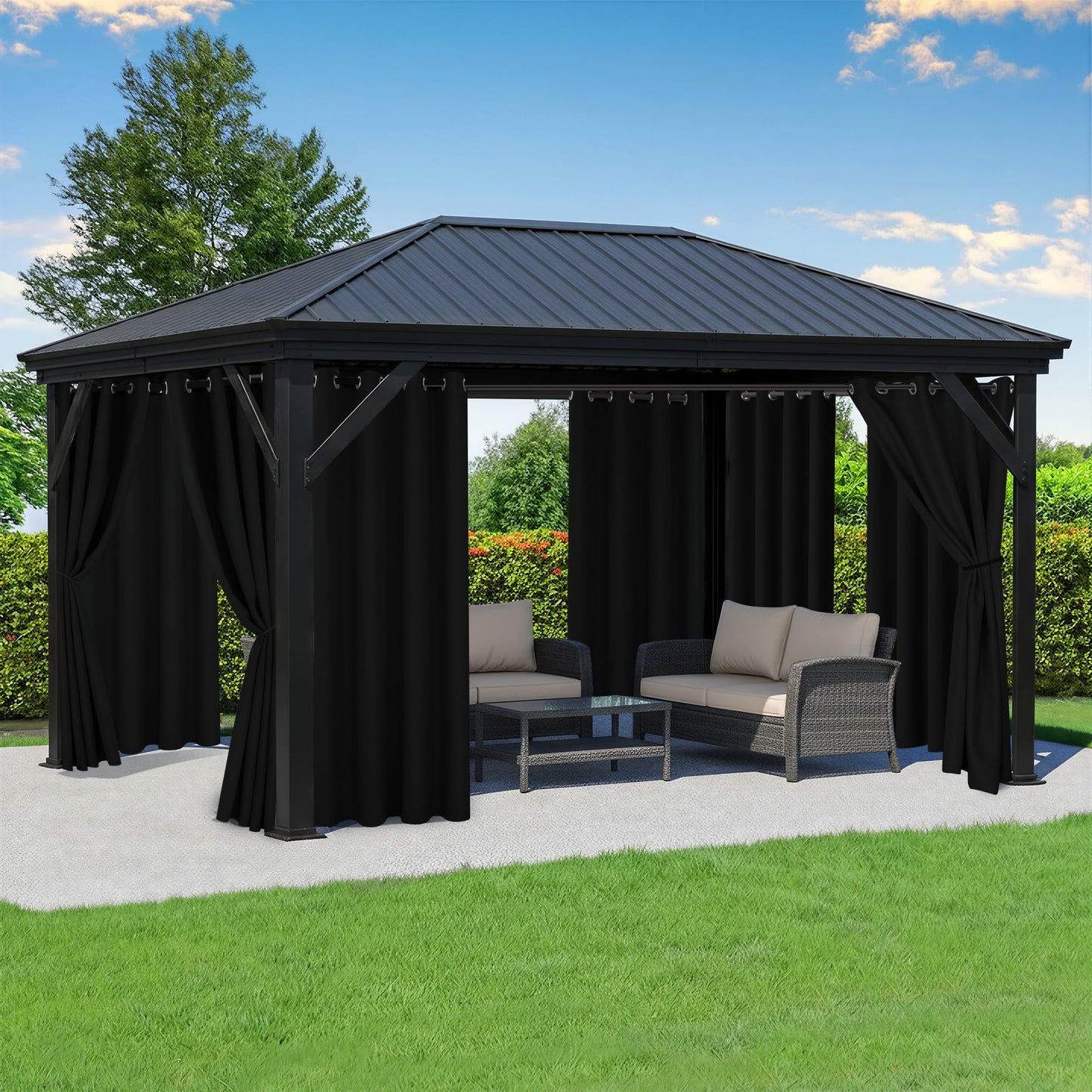 RichSets Black Outdoor Curtains for Patio Waterproof - 8 Panels Privacy Weatherproof Outside Curtains with Grommets for Pergola, Gazebo, Porch, Cabana, Balcony, 54 x 95 Inch