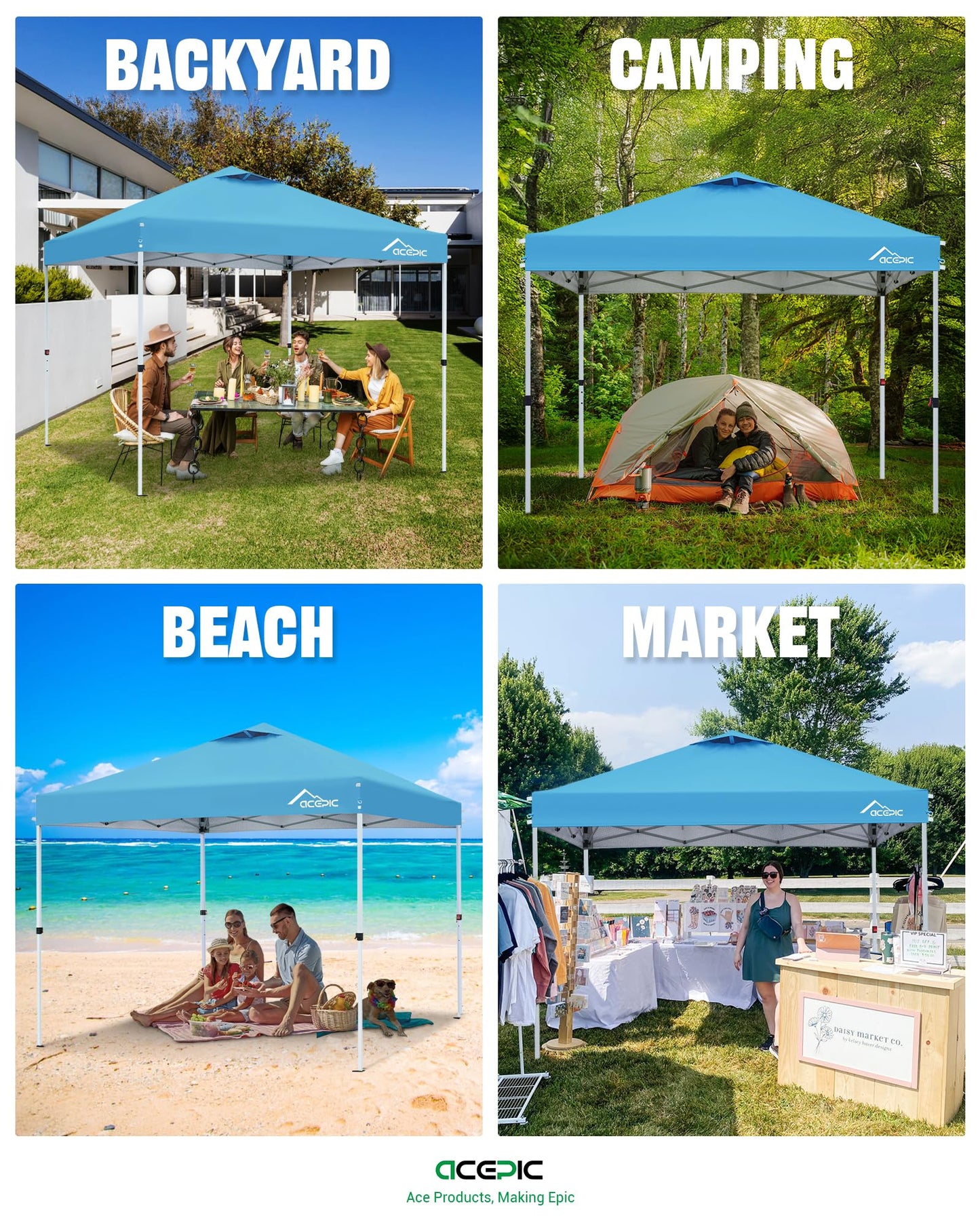Acepic 10x10 Pop Up Canopy Tent,300D Silver-Coating Top,Pop Up Canopy Tent Instant Portable Shelter with 1-Button Push and Wheel Carry Bag, 8 Stakes and 4 Upgraded Canopy Weights (Serene Blue, 10x10)
