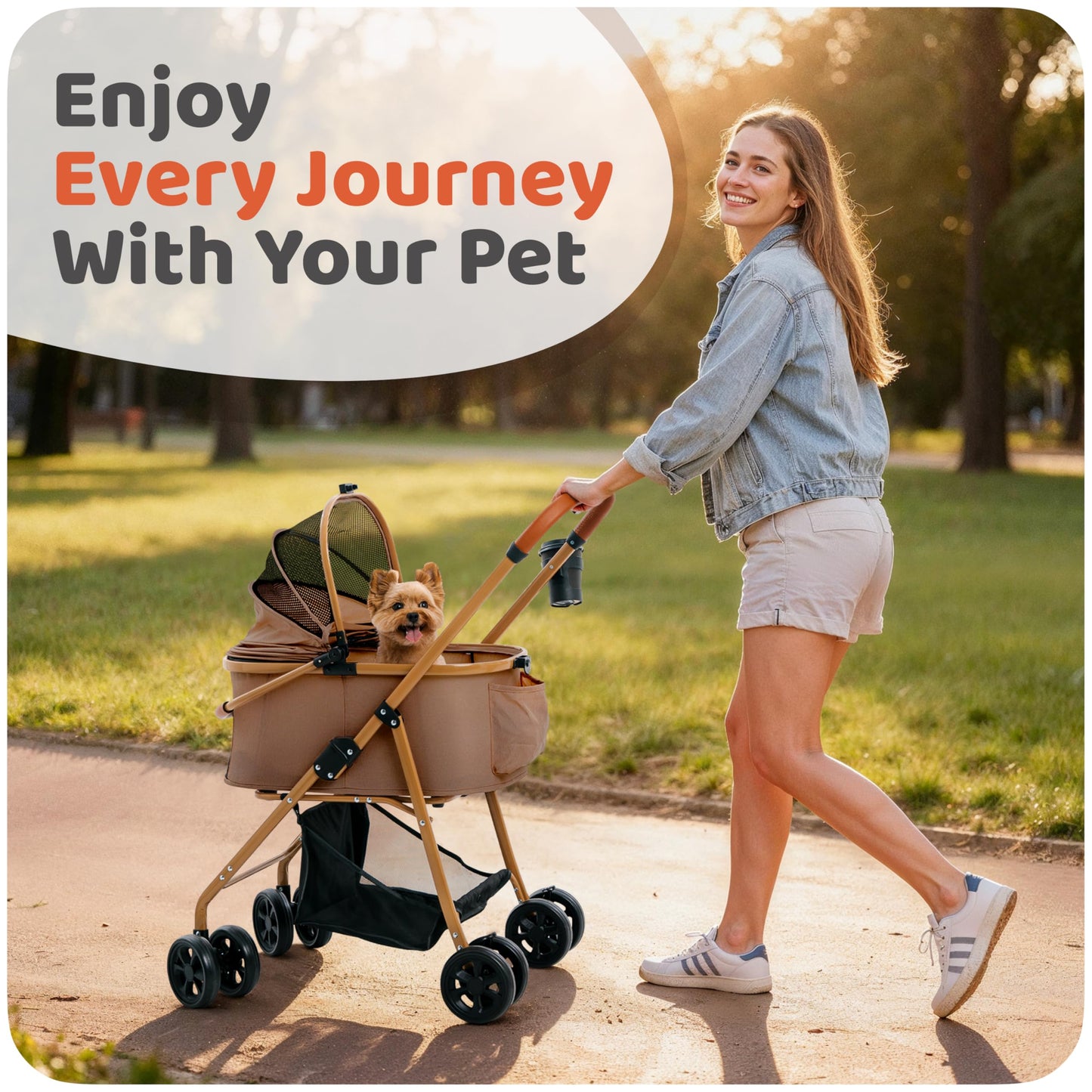 Pet Stroller for Small Medium Dogs & Cats β 2-in-1 Detachable Carrier, Zipperless Entry, Lightweight Folding Travel Stroller with Storage Basket, Cup Holder, Brown