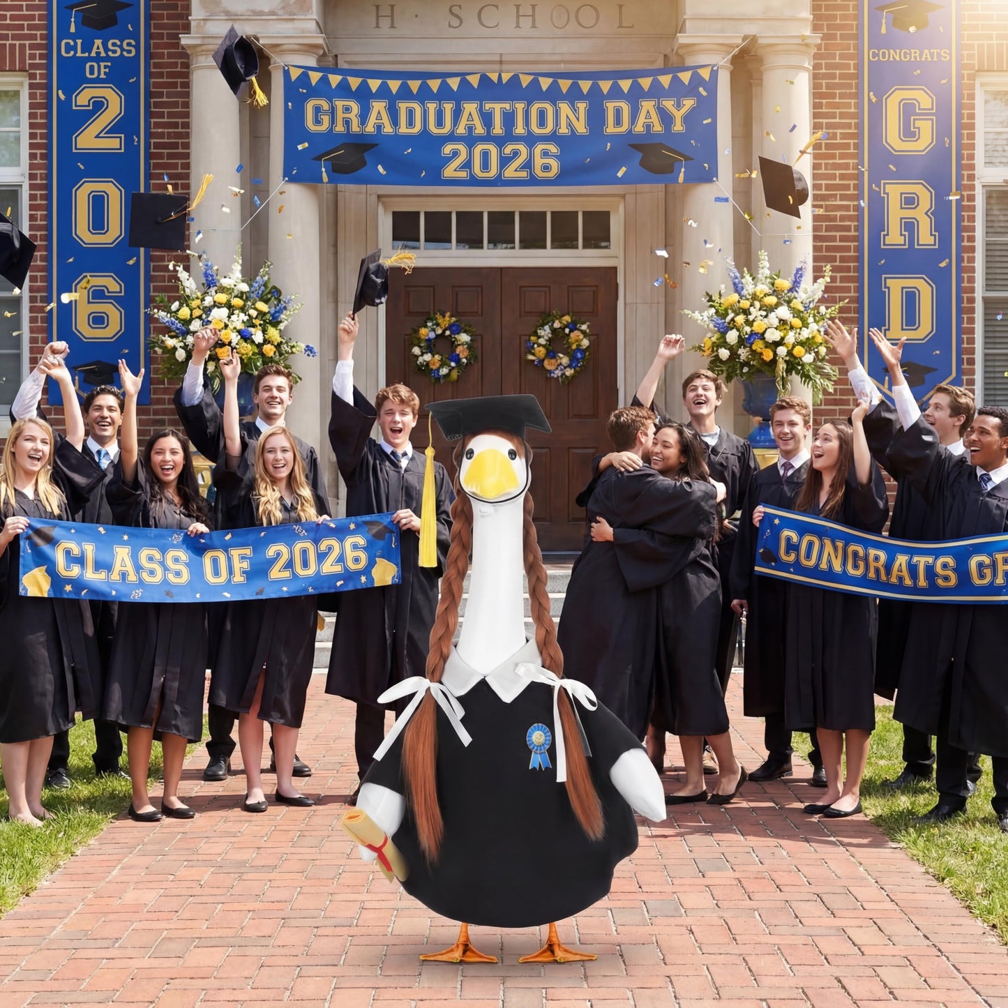 Abbylike Graduation Porch Goose Outfits Graduation Cap with Gold Tassel and Wig Yard Goose Costume Clothes Fits Large 23'' Cement for Garden Yard Statue Lawn Pathway Decorations