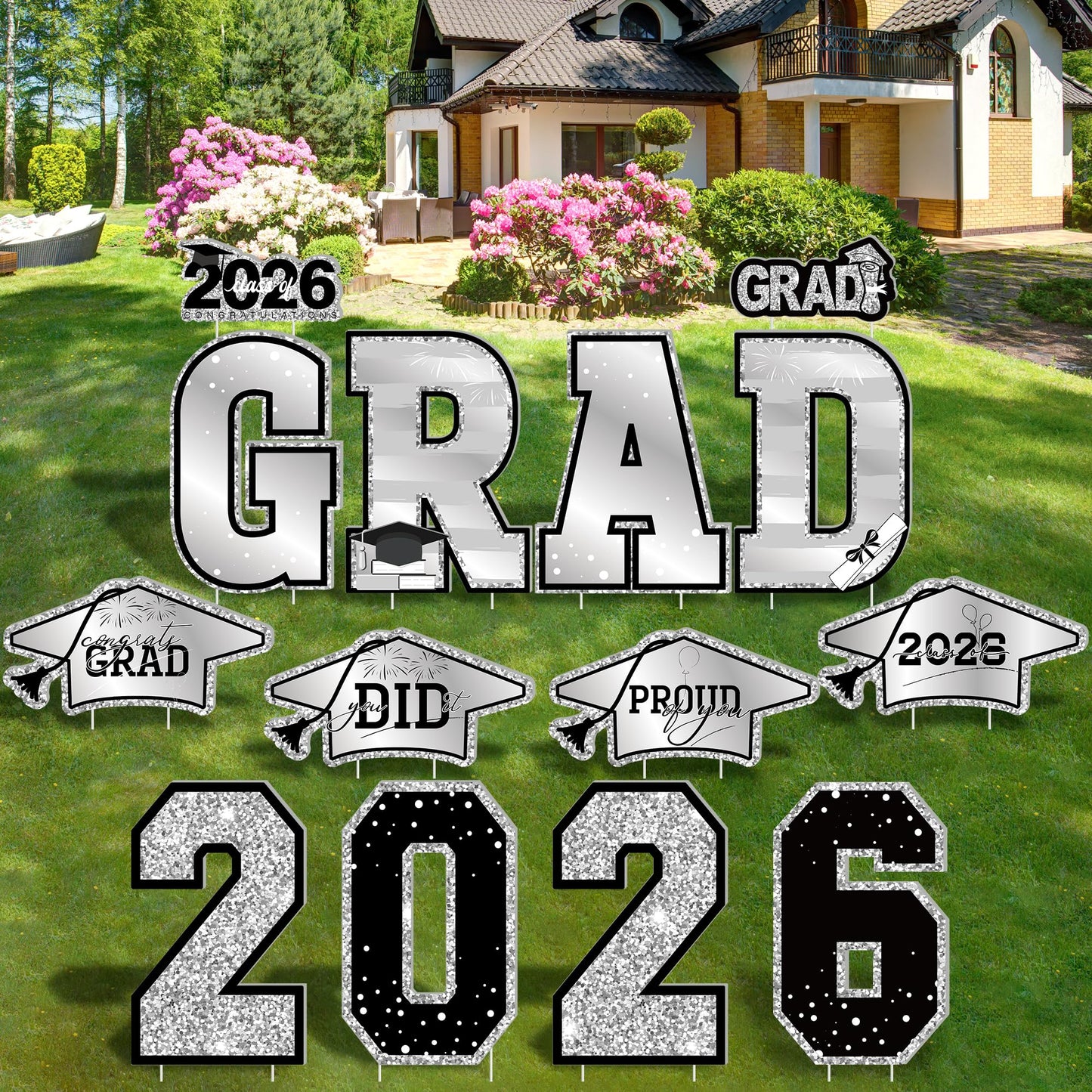 14 PCS Graduation Decorations, Silver Congrats Grad 2026 Lawn Stakes, Class of 2026 Graduation Yard Signs with Stakes, Weatherproof Graduation Outdoor Decor Set for College High School Grad Party