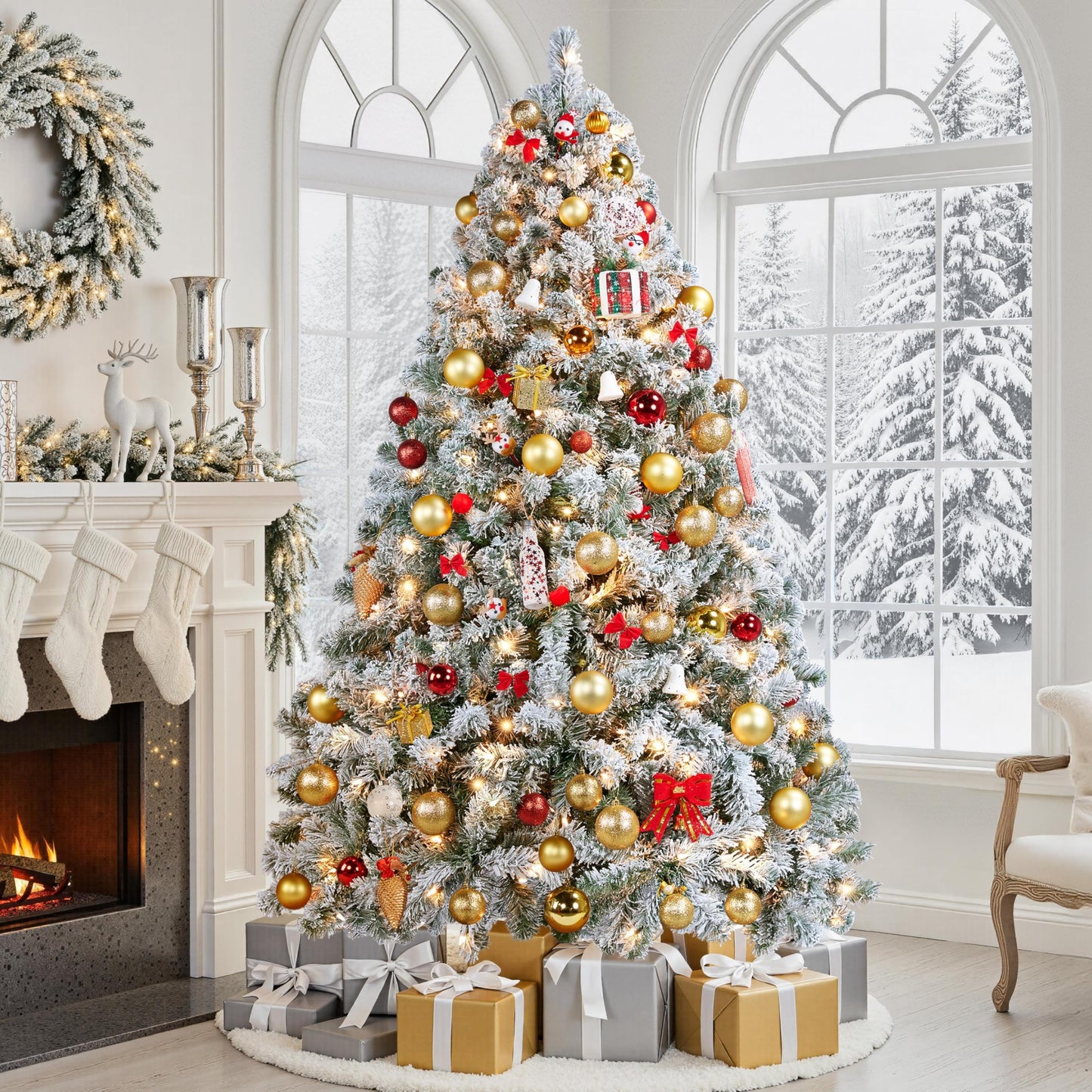 Yaheetech 6ft Pre-lit Artificial Christmas Tree with Incandescent Warm White Lights, Snow Flocked Full Prelighted Xmas Tree W/820 Branch Tips, 250 Incandescent Lights & Foldable Stand, Green & White