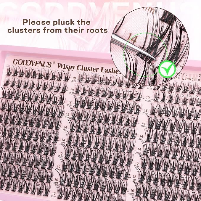 Goddvenus Lash Clusters Kit Wispy Eyelash Clusters Lashes Natural DIY Lash Extension Kit 10-16mm Cluster Eyelash Extensions Kit 300pcs C Curl Individual Lashes Cluster Eyelash (No Tweezers)