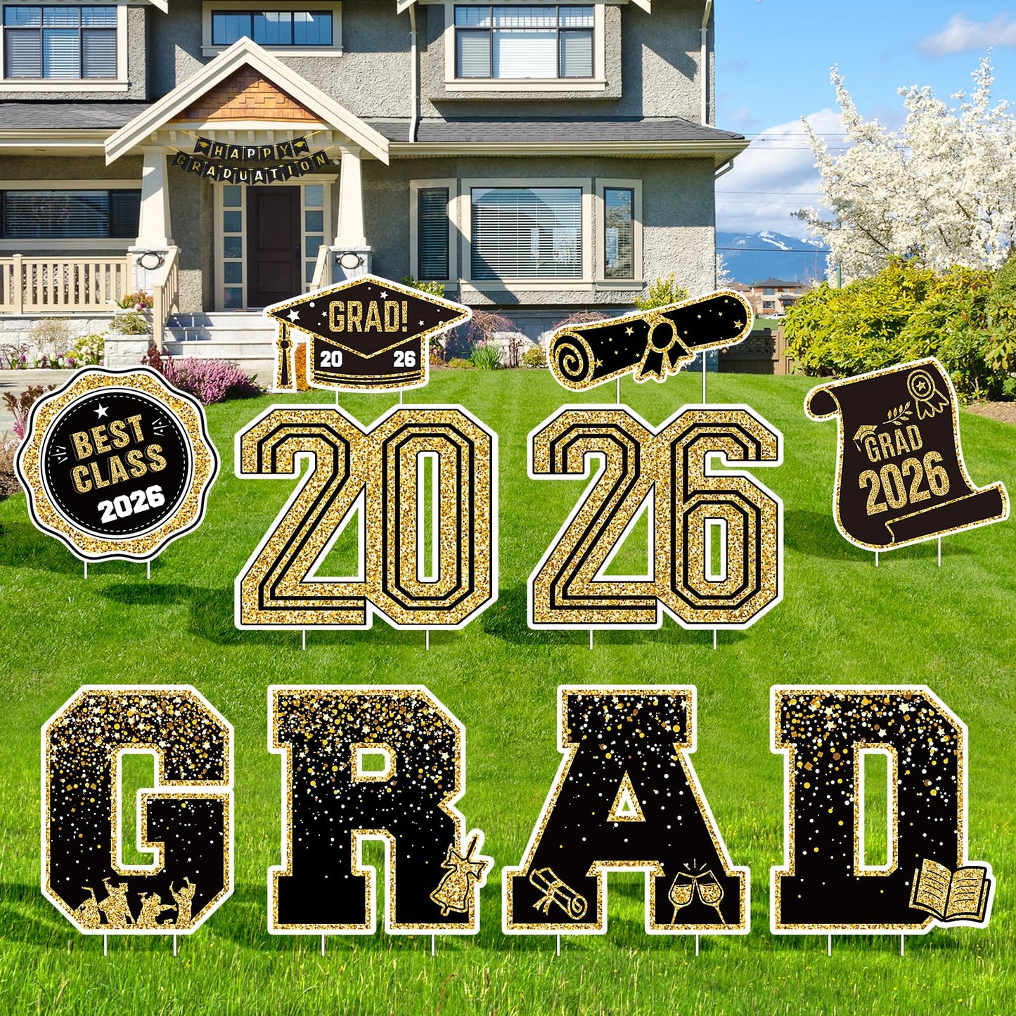 2026 Graduation Decorations Yard Signs â 10PCS Black and Gold Congrats Grad Lawn Decorations with Stakes, Graduation Party Supplies, Large Outdoor Graduation Party Decor for High School & College