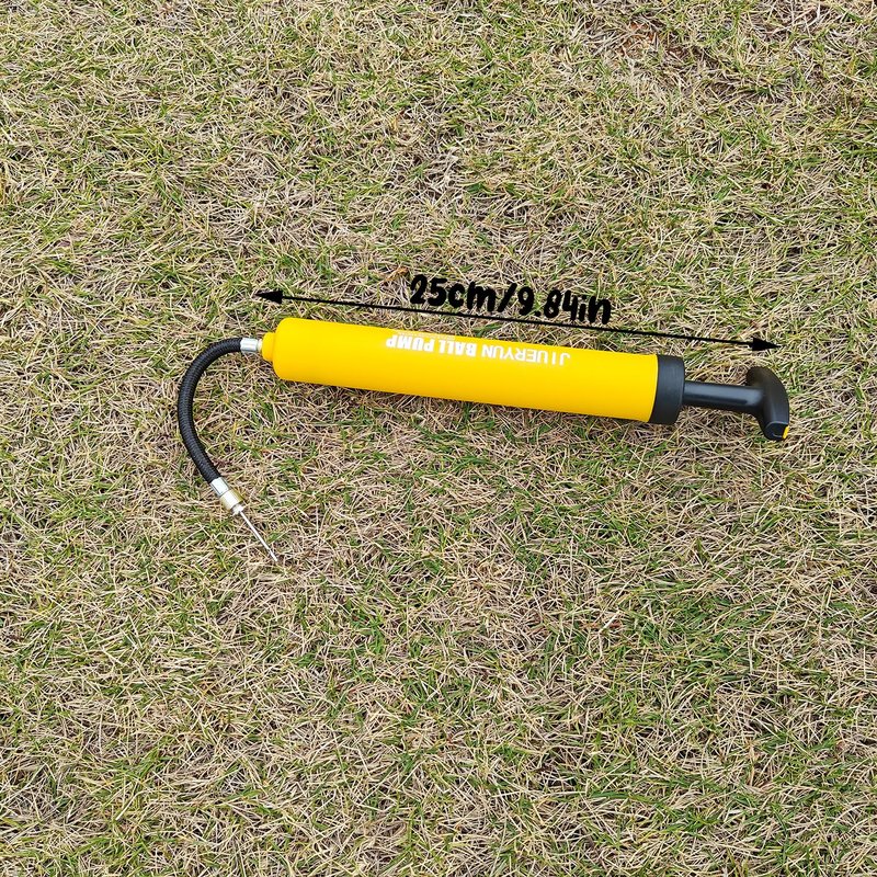 Ball Pump with Needle Storage in Handle - 5 Metal Needles, Flexible Hose - for Soccer, Basketball, Volleyball, Handball - Yellow