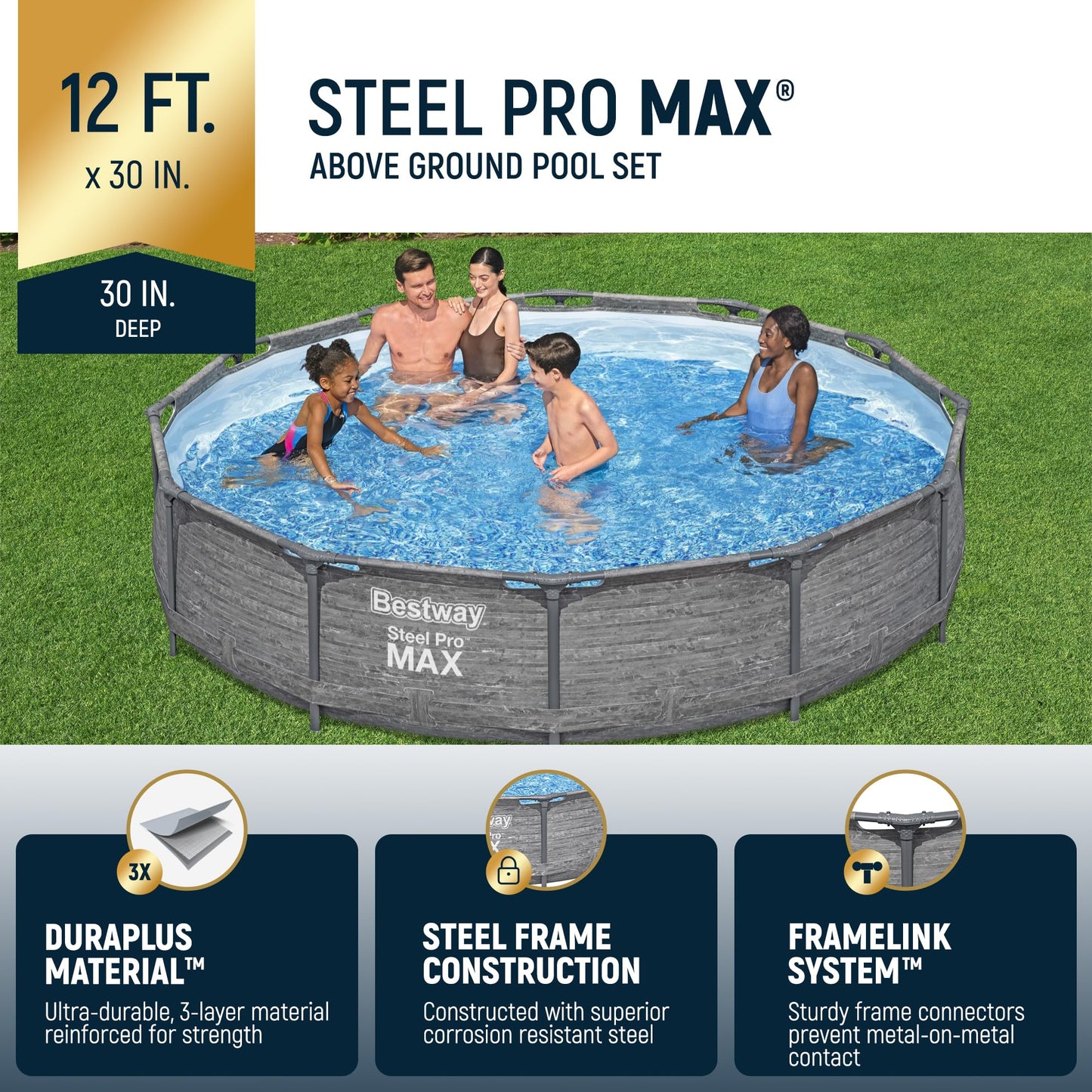 Bestway Steel Pro MAX 12' x 30" Above Ground Pool, Round Metal Frame Outdoor Swimming Pool Set with Filter Pump, Stacked Stone Print