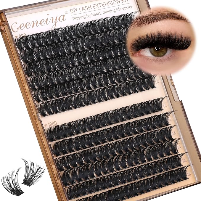 Geeneiya 14MM Volume Lash Clusters Kit DIY Lash Extension Kit D Curl Eyelash Extensions with Waterproof Lash Bond and Seal Waterproof Tweezers, Only 14MM, 80D+100D