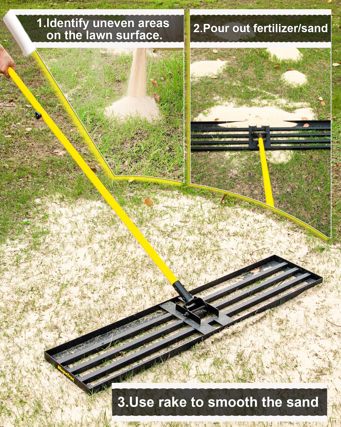 BlumeTrec Lawn Leveling Rake, 45"x10" Heavy Duty Sand Leveling Tool with 7FT Long Handle, Steel Golf Rake for Soil, Compost, Gravel, Lawn Leveler for Yard, Garden, Golf Course, Landscaping Level Tool