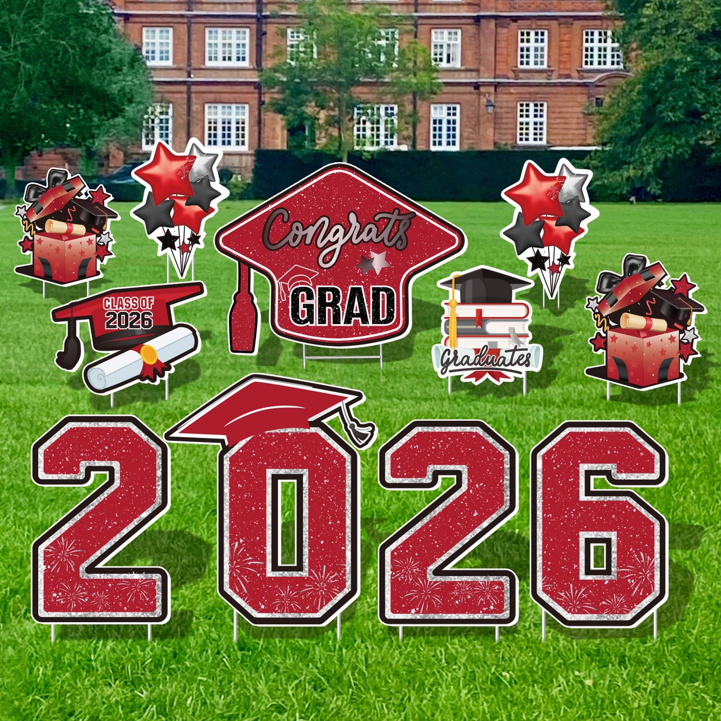 Vivantia Large 11 PCS Graduation Yard Signs, Class of 2026 Congrats Grad Outdoor Lawn Yard Sign with Stakes, Graduate Yard Decorations for College High School Party, Black and Red