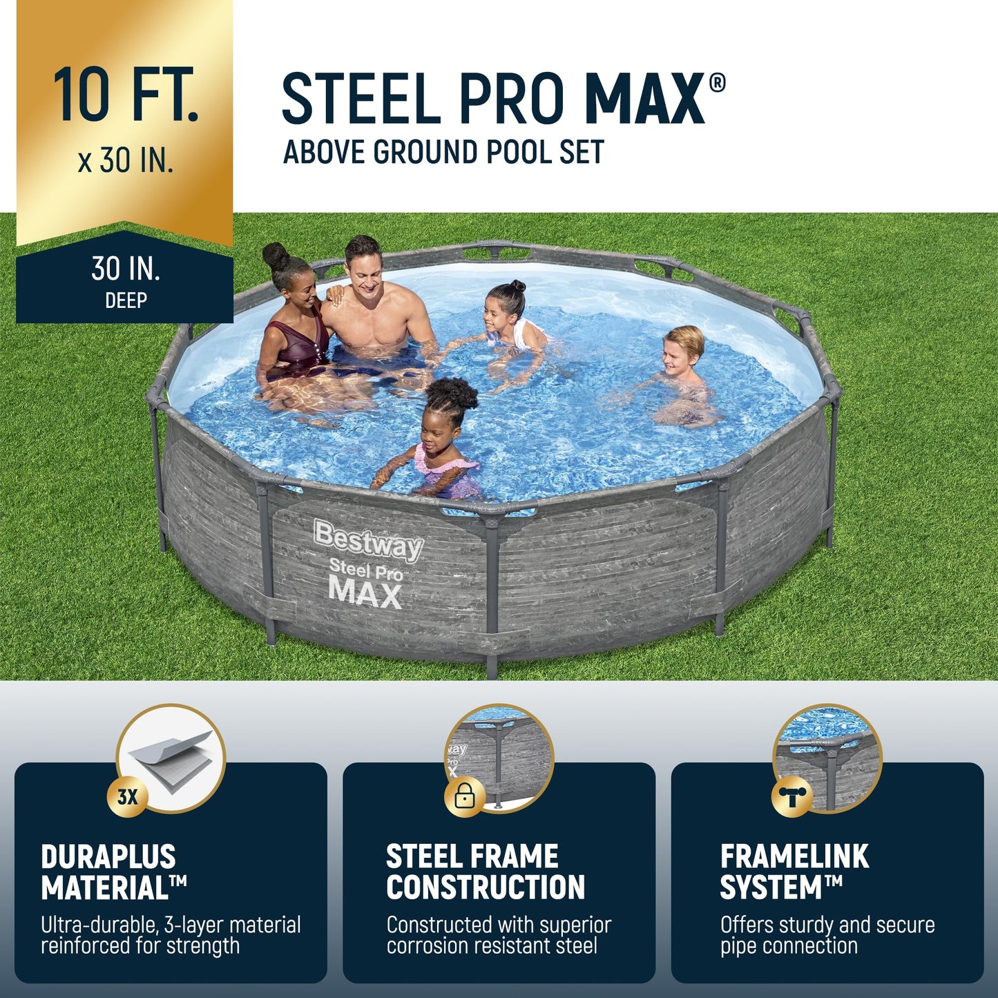 Bestway Steel Pro MAX 10' x 30" Above Ground Pool, Round Metal Frame Outdoor Swimming Pool Set with Filter Pump, Stacked Stone Print