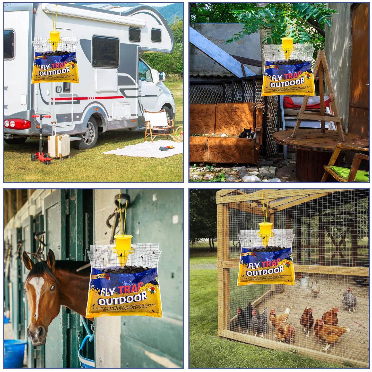 Disposable Fly Traps 4 Pack Bags Outdoor, Flies Catcher Traps with Natural Pre-Bait Refill Repellent, Reusable Stable Horse Ranch Trapper Outdoor Hanging Fly Killer Helps Control Flies