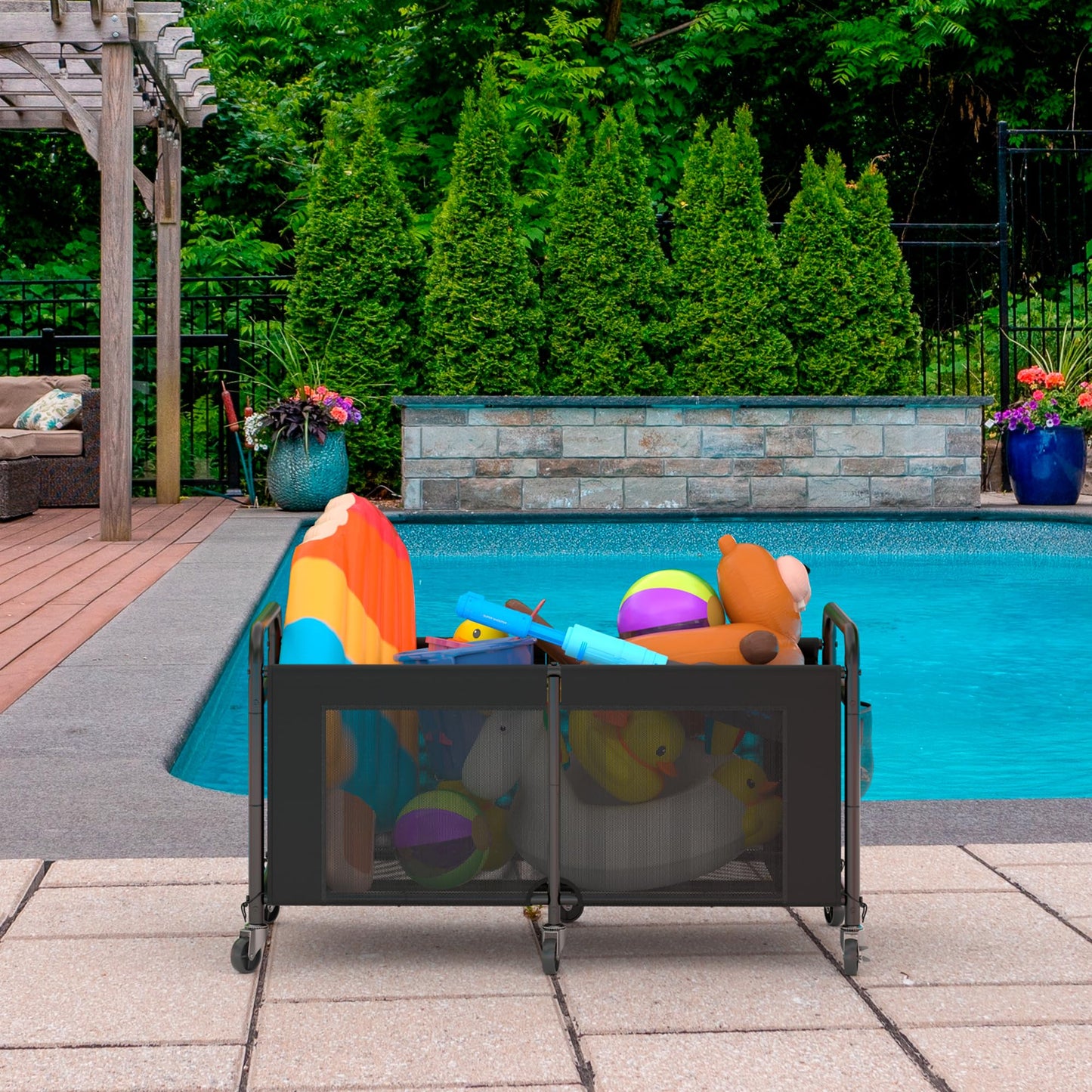 StorageWorks 120 Gallon Pool Float Storage, Mesh Pool Toy Storage Bin with Wheel and Side Pockets, Small Swimming Organizer, Outdoor Noodles Holder, Black