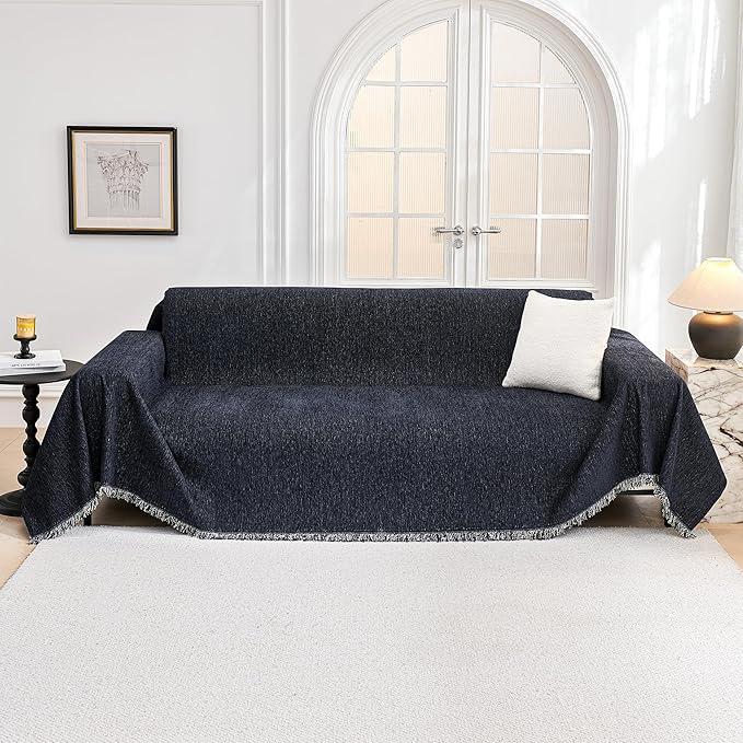 MYSKY HOME Couch Cover for Dogs, Washable Couch Covers, Non Slip Dogs Furniture Protector with Tassels, Chenille, Navy Blue, 71"x102"
