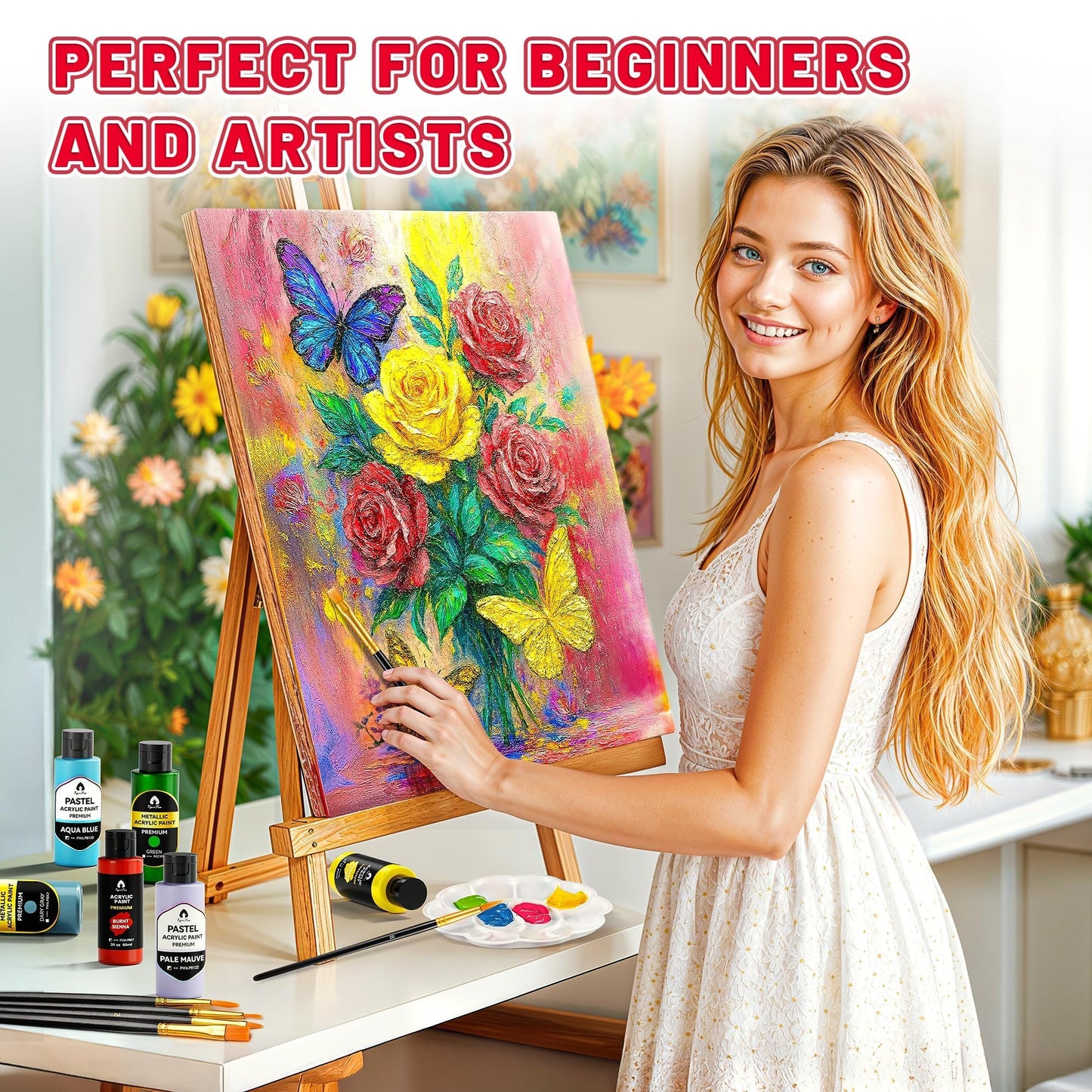 52 Pcs Classic & Metallic & Pastel Acrylic Paint Set with 12 Brushes, 2 Knives & Palette, 36 Colors (2oz/60ml) - for Adults, Kids, Artists & Beginners - Arts and Crafts Painting Kit