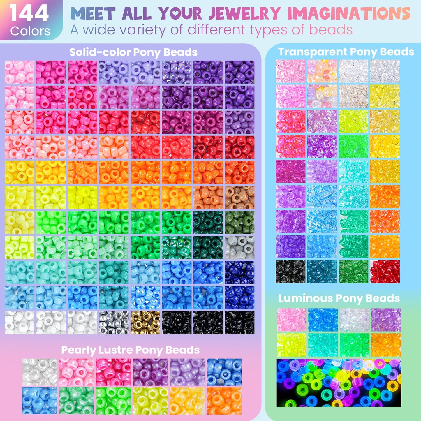 Gionlion 7 Boxes Pony Beads Bracelet Making Kit, 144 Colors 6x9mm Kandi Rave Beads, Friendship Bracelet Kit with 800Pcs Letter Bead for DIY Jewelry, Keychains, Arts and Crafts for Girls Kids Gifts