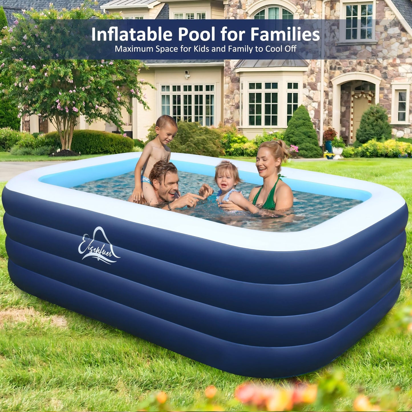 EISENFUER Inflatable Pool for Kids and Adults with No Collapse, 100" X 60" X 30" Deepened Swimming Pool for Toddlers, Outdoor, Garden, Backyard