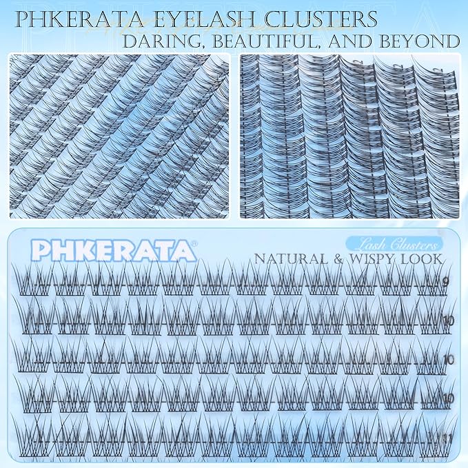 PHKERATA Natural Lash Clusters Wispy Cluster Eyelash Extensions 120 pcs Individual Lashes DIY C Curvature Eyelash Clusters 9-12 mm Natural Lashes Clusters