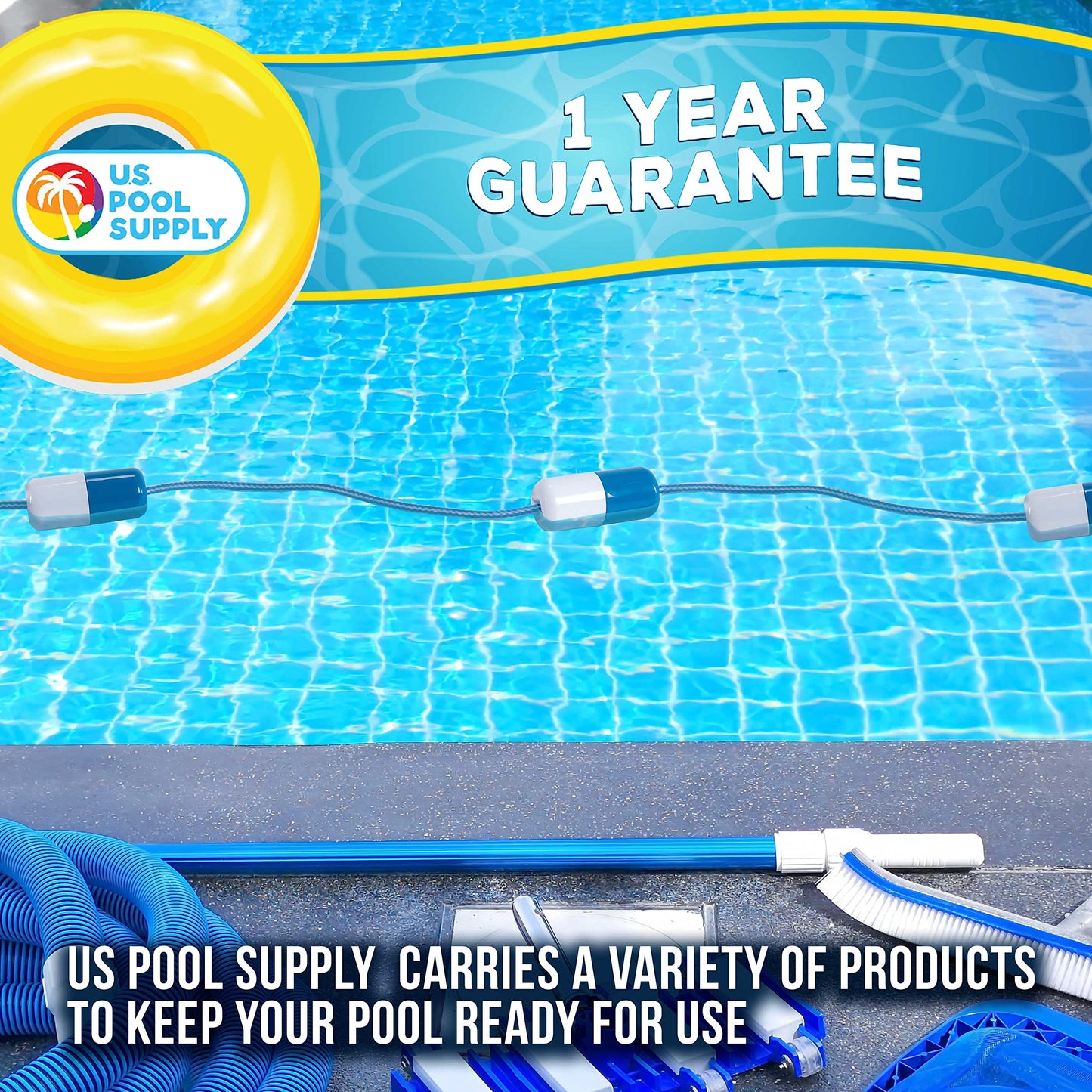 U.S. Pool Supply Pool Rope Floats To Divide Pool - Adjustable 16 to 20 Feet Safety Rope with Floating Buoys - Inground Swimming Shallow and Deep End Divider Barrier - Braided Polymer with Anchor Hooks