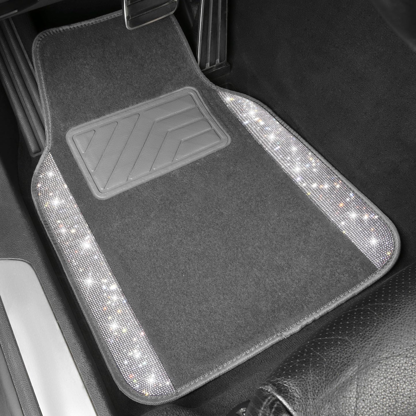 CAR PASS Bling Diamond Car Mats Shining Carpet Crystal Rhinestones Sparkly Glitter Floor Mats with Anti-Slip PVC Heel Pad Universal Fit for Automotive SUV, Sedan, Car, Van, 4pcs for Girl Women, Gray
