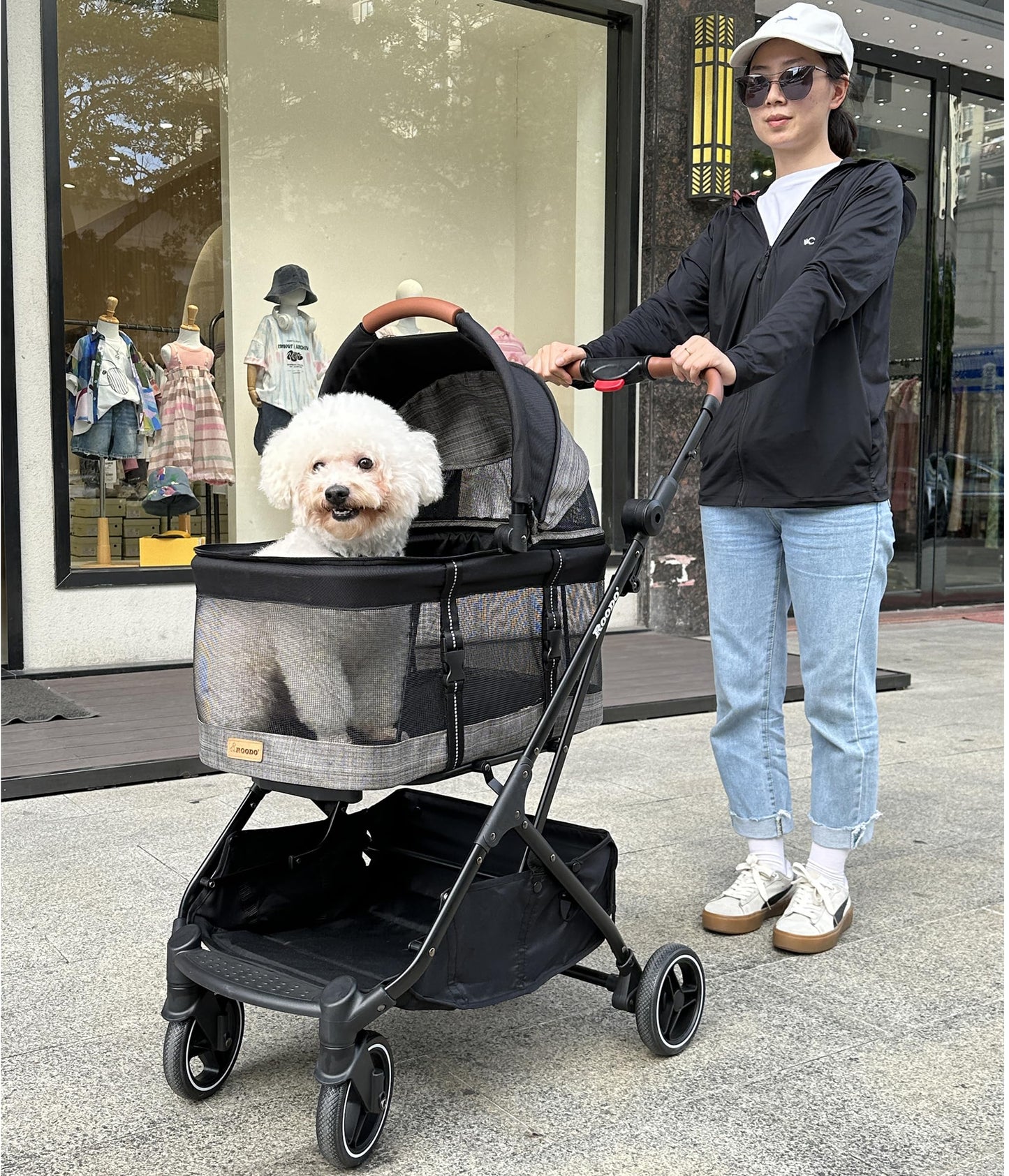 ROODO 2026 Upgraded Version 3-in-1 Dog Cat Stroller with Detachable Carrier Folding Lightweight Portable Travel Pet Gear All-Terrain Puppy Doggie Kitty Bunny Stroller for 35 lbs(Grey Lattice)