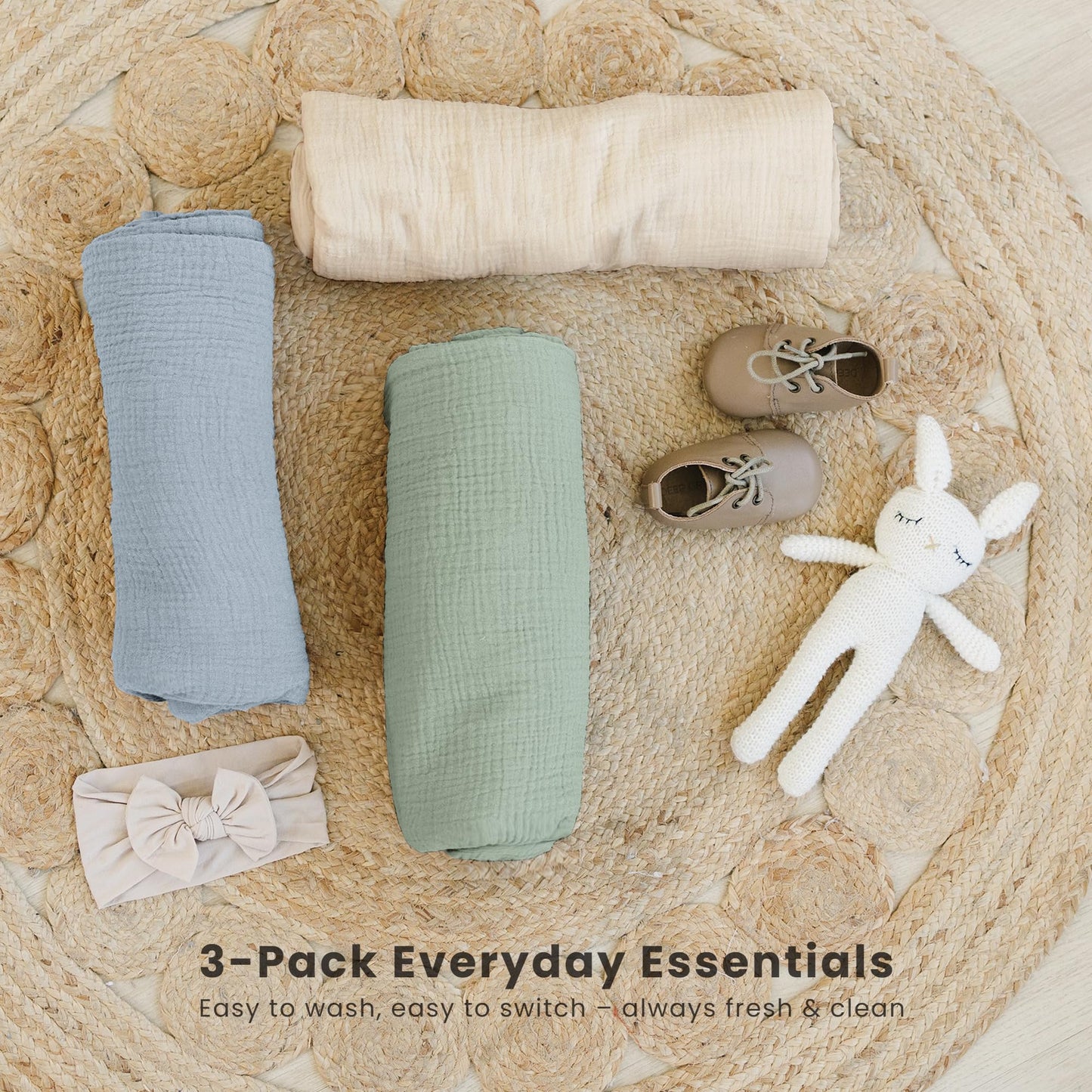 Konssy 3 Pack Muslin Swaddle Blankets for Unisex, Newborn Receiving Blanket, Large 47 x 47 inches, Soft Breathable Muslin Baby Swaddles for Boys & Girls