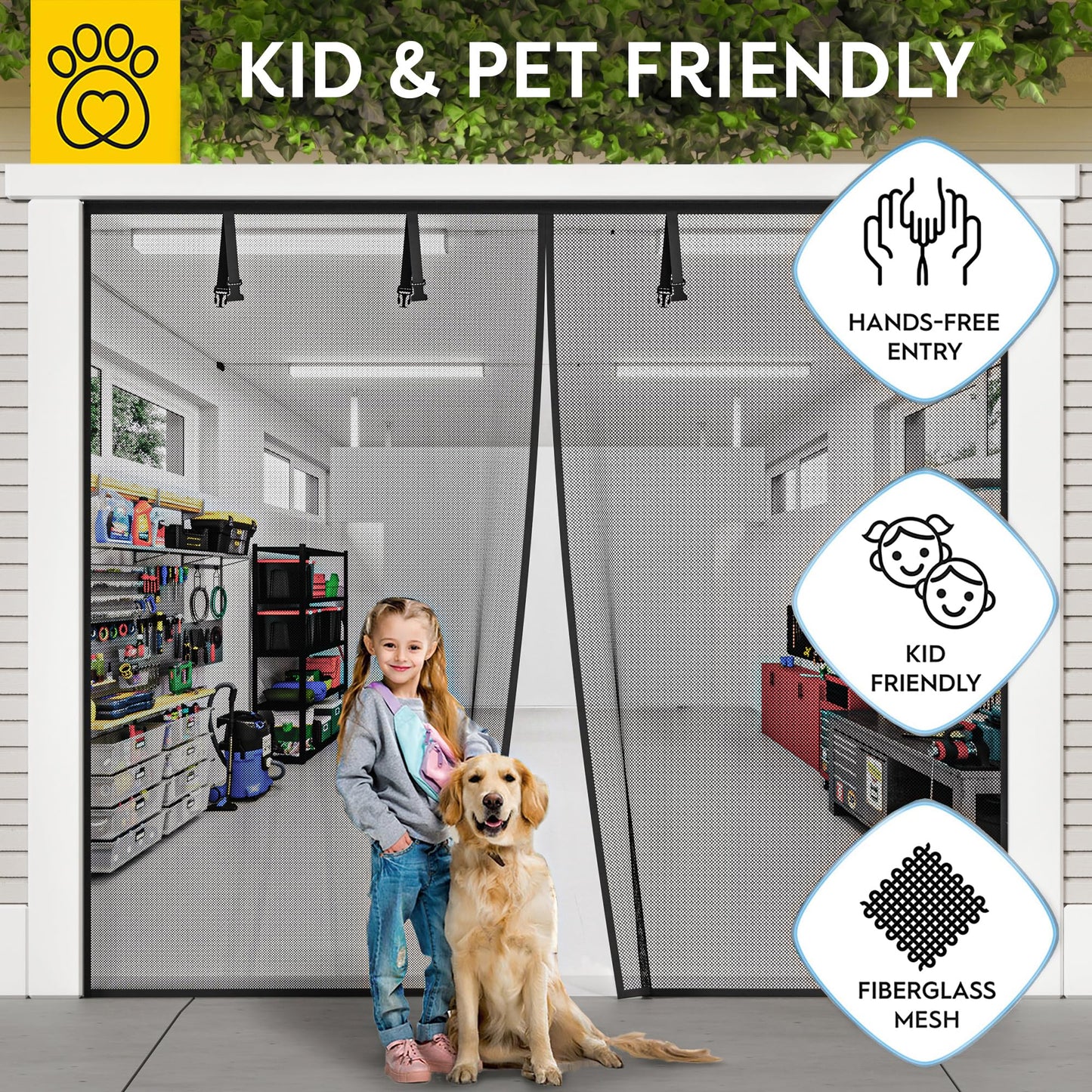AUGO Garage Door Screen, 2 Car 8x7FT, Fiberglass mesh with Magnetic Closure, Heavy Duty Weighted Bottom, Easy Assembly & Pass, Hands Free Screen Door