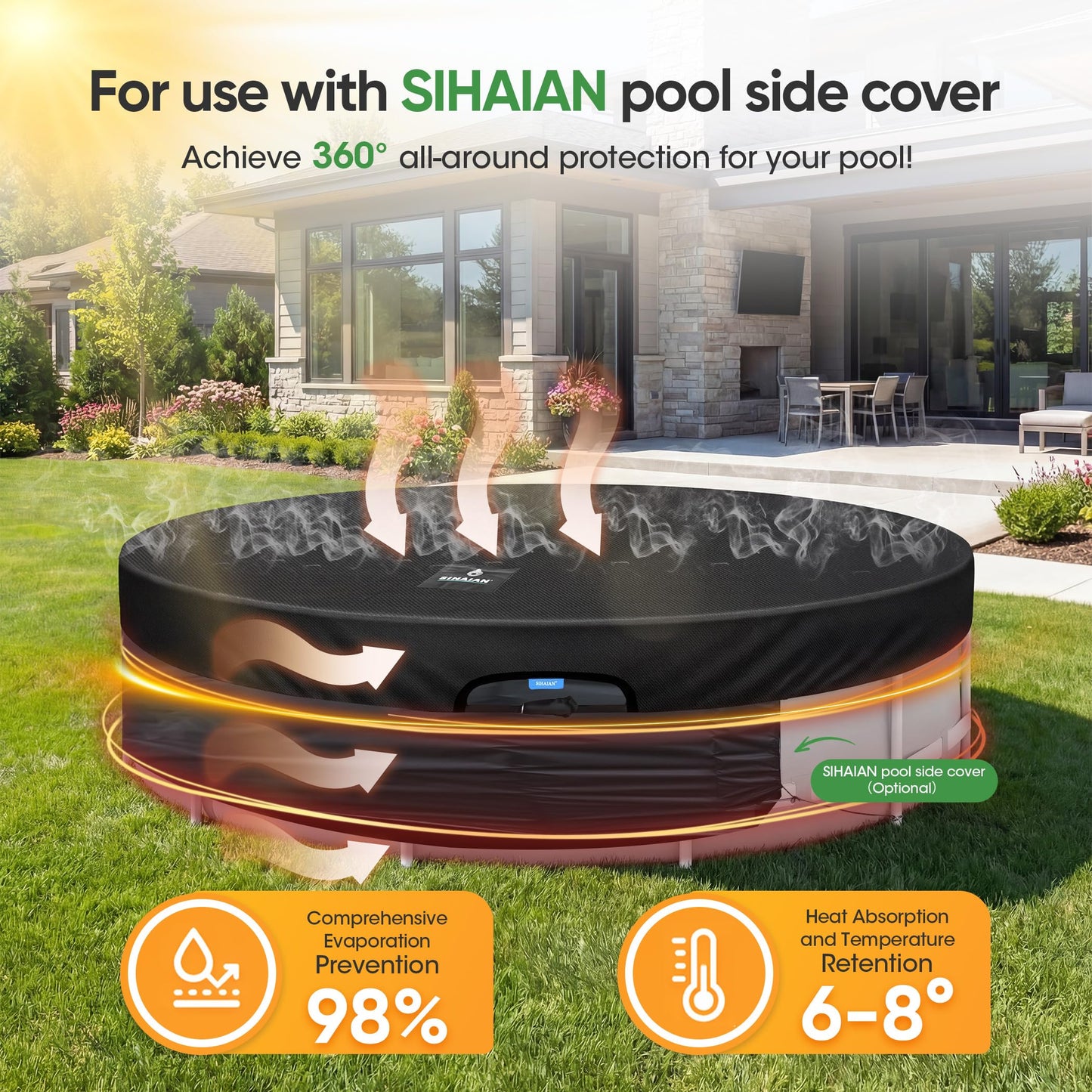 SIHAIAN 8 Ft Round Pool Cover, with Automatic Drain Stock Tank Pool Cover, Patented One-Piece Tensioning System Above Ground Pool Cover, Preventing Waterlogging, Yarn-Dyed Oxford Fabric Solar Cover