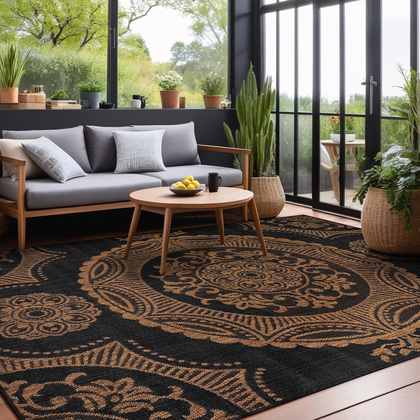 LuuL Home Medallion Outdoor Rug 10x14 Washable Outside Carpet for Indoor Patio Porch Waterproof Easy Cleaning Non Shedding Area Rugs Nut Brown 10 x 14