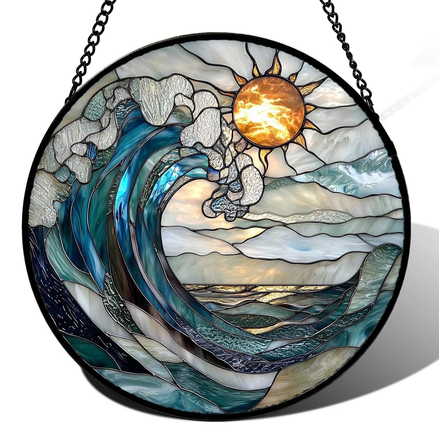 DASTOLL Stained Glass Window Hanging, Blue and White Waves Suncatcher Diamond Glass Panel Landscape Sun Catchers Decor for Birthday for Women, Men, Wife, Aunt, and Mom 14.9x14.9 in
