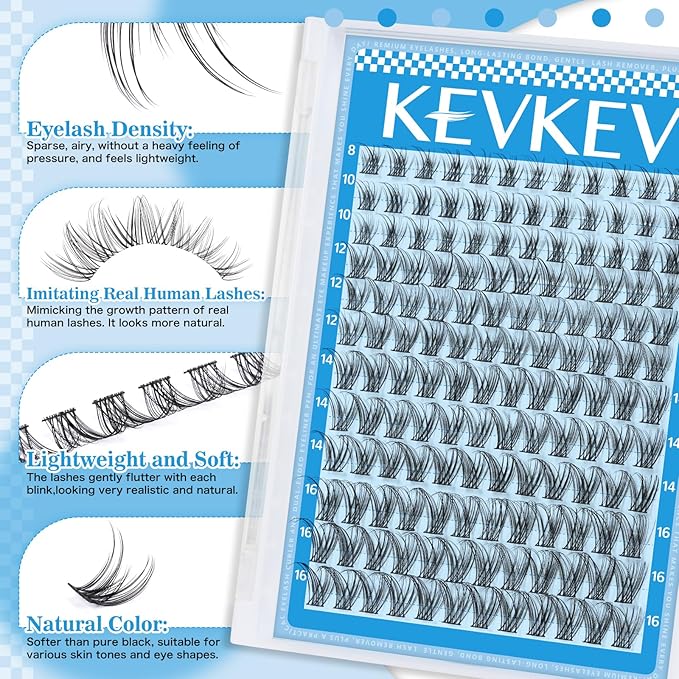 KEVKEV Wispy Lash Clusters Kit Ultra-thin Band Natural Eyelash Clusters 8-16mm Lash Extension Kit Mix Length Clear Band Natural Look Cluster Eyelash Extensions With Lash Bond Lash Tweezers (Wispy06)