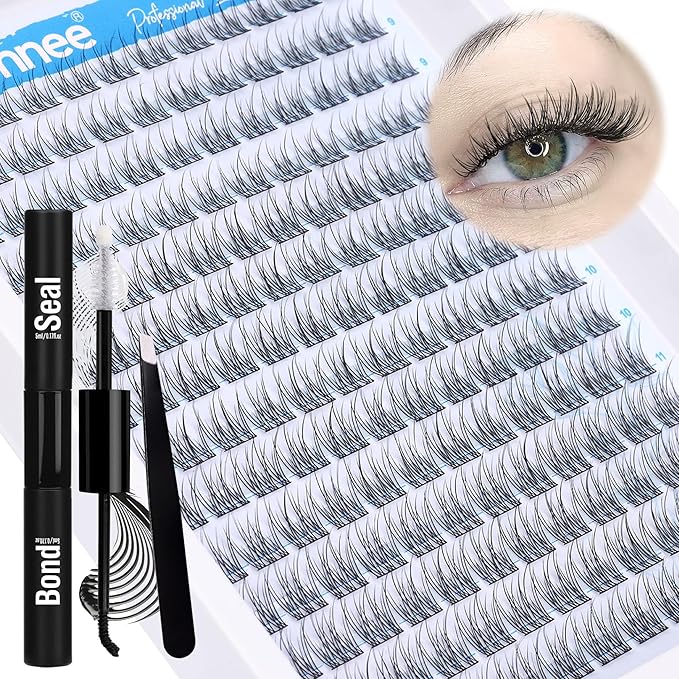 Natural Cluster Lashes Kit 168 Pcs Wispy Lash Extensions CC-Curly 9-11MM Mixed Lengths Eyelash Extension Individual Kit with Lashes Bond and Seal and Tweezers DIY at Home by Mavphnee