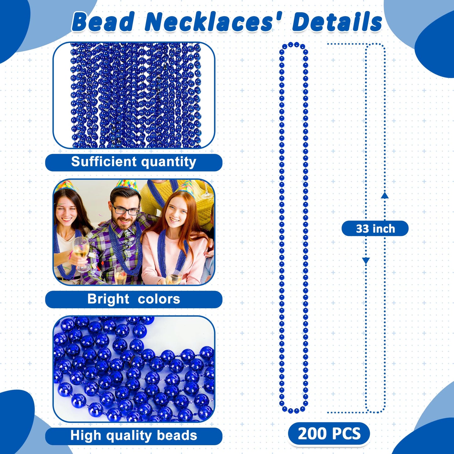 Huskein 200 PCS Beaded Necklace, 33" Mardi Gras Beads, Blue Bead Necklace, Mardi Gras Accessories, Parade Beads Bulk for Hanukkah Christmas Pirate Birthday Gender Costume Party Supplies