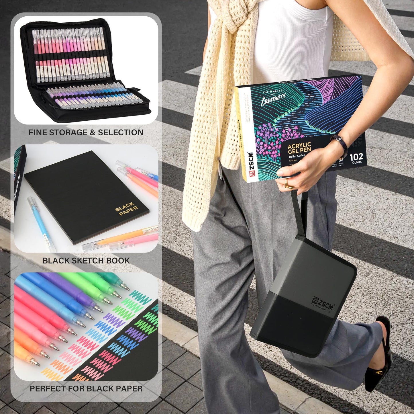 ZSCM 100 Colors 3D Acrylic Gel Pens & Black Paper Sketchbook for Drawing, 1mm Fine Point Acrylic Ink Pen, Opaque Archival Ink Pens for Black Paper Drawing, Sketching, Illustration, Card Making