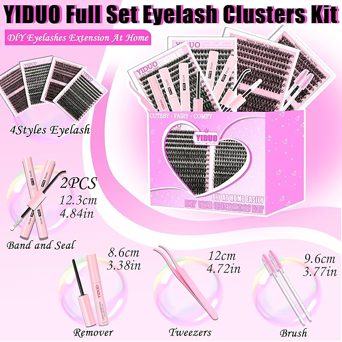 YIDUO 4 Styles Lash Clusters Kit 60D+80D+100D+150D Volume Clusters Lashes Extensions Kit with 2 X Bond and Seal 10-18mm Wispy D Curvature Full Individual Eyelash Extensions Kit DIY at Home Easily