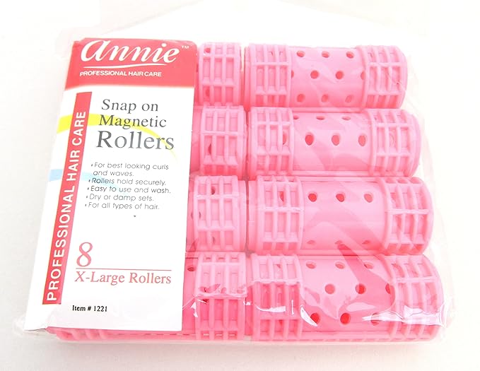 Annie Snap-On Magnetic Hair Rollers – X-Large 1 1/8 Inch with Locking Snap-Over Hood – Secure Hold No Pins Needed – Pink, 8 Count