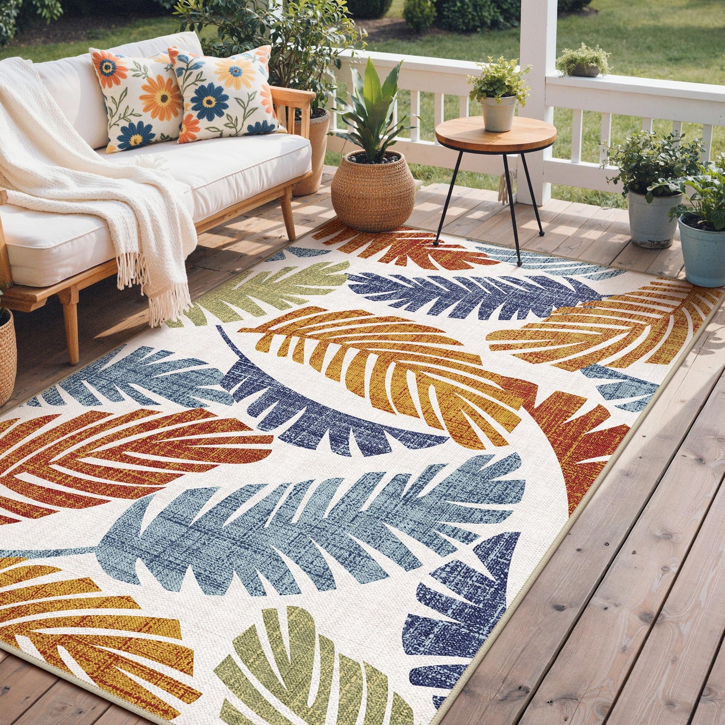GENIMO Outdoor & Indoor Area Rug 8'x10', Waterproof, Non-Shedding, Easy Cleaning, Leaf Mat for Patio, Living Room, Balcony, Dining Room, RV, Deck, Bedroom, Camping, Outside Carpet, Rust Navy