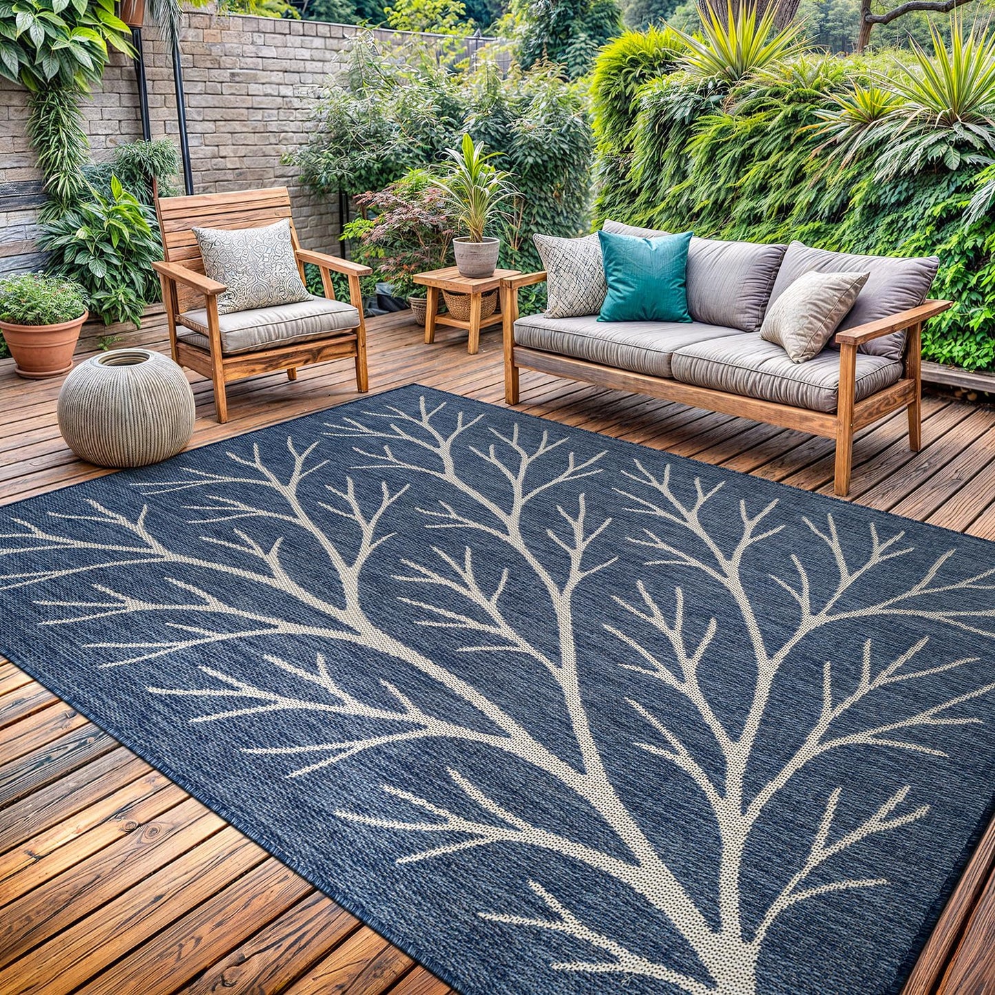 Washable Indoor Outdoor Rug 9x12 Modern Area Rugs Branch Pattern Non Shedding Waterproof Easy Clean Patio Deck Porch Living Room Bedroom Garden RV (9 X 12 Blue)