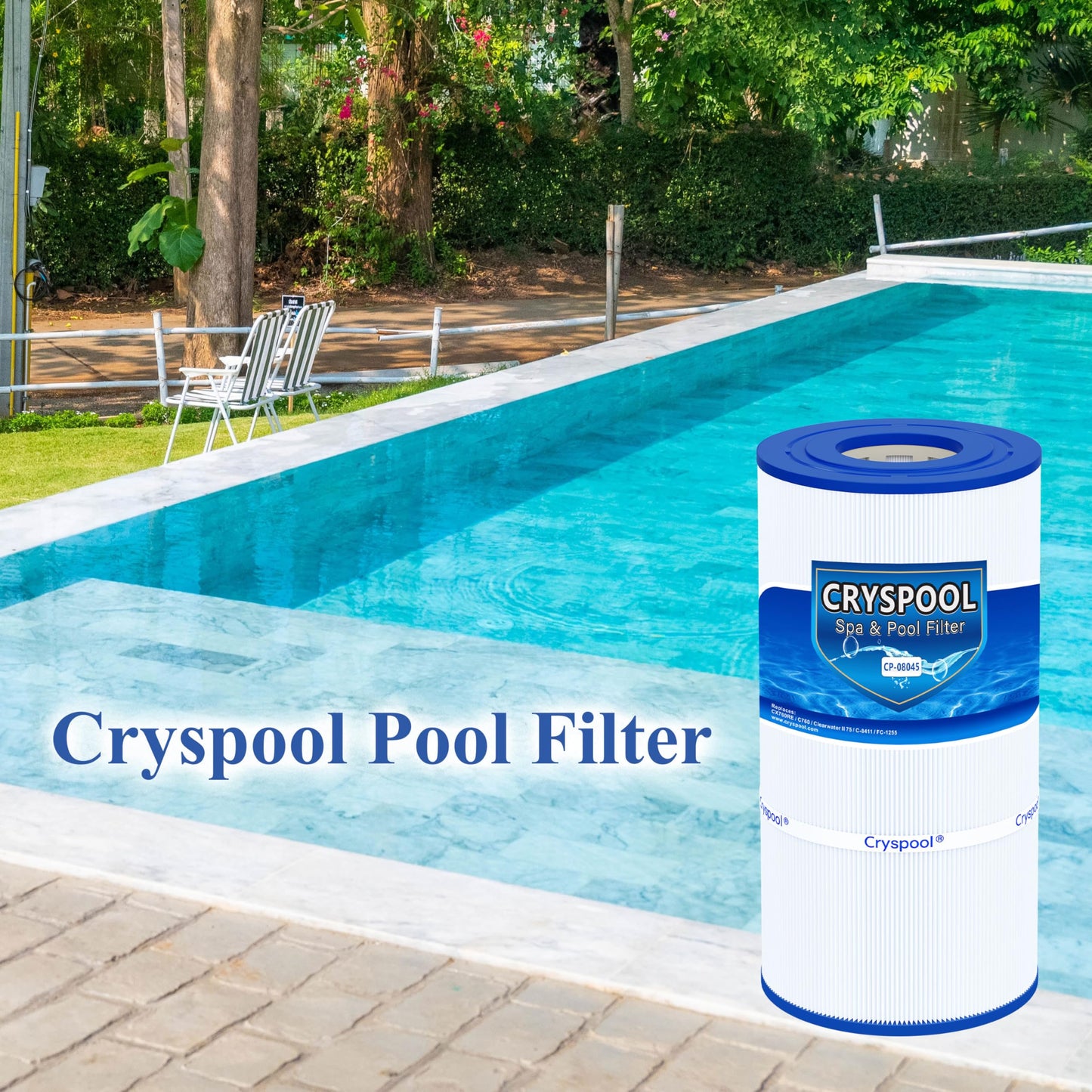 Cryspool® 08045 Filter Compatible with CX760RE, C751, Clearwater II 75, Pro Clean 75, PA76, C-8411, FC-1255, 75 Sq. Ft Pool Filter Cartridge, 1 Pack