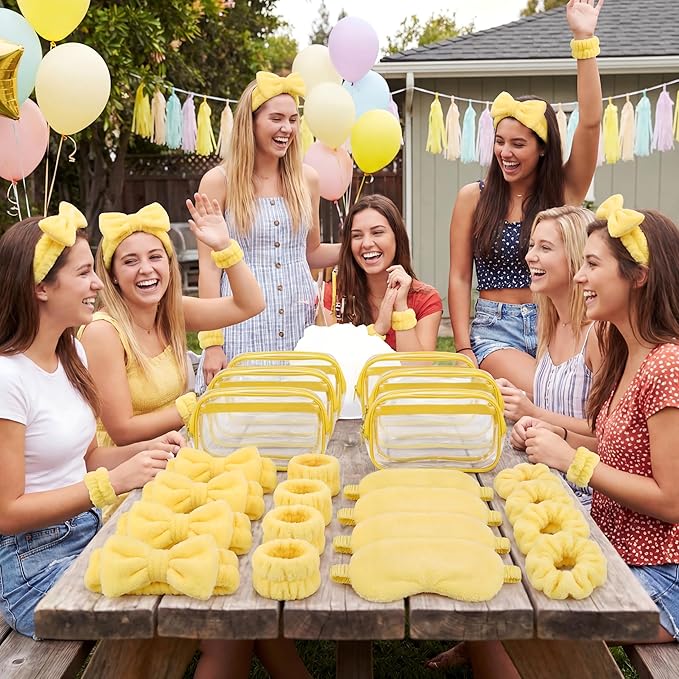 Hoteam 10 Pcs Spa Party Supplies Gift Set Sleepover Party Favor Spa Headband Wristband Sleep Eye Mask Velvet Scrunchies for Skin Care Makeup Slumber Night Favor(Yellow)