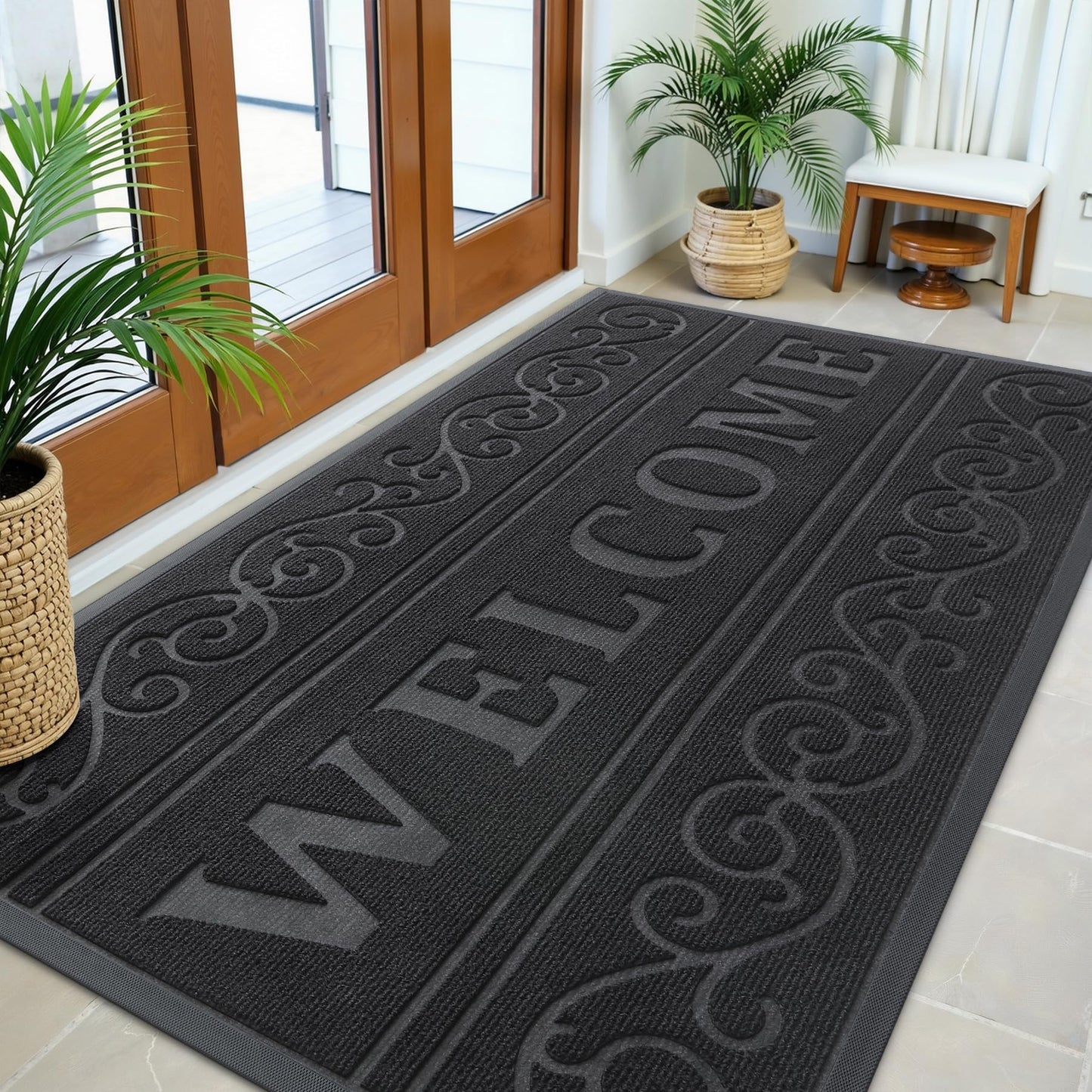 OLANLY Welcome Door Mat Indoor Outdoor Entrance, Heavy Duty Sturdy Front Door Mat, Waterproof All-Weather Doormat, Stain Resistant, Low Profile, Easy Clean Patio Entryway Mat, 59 x 35, Black