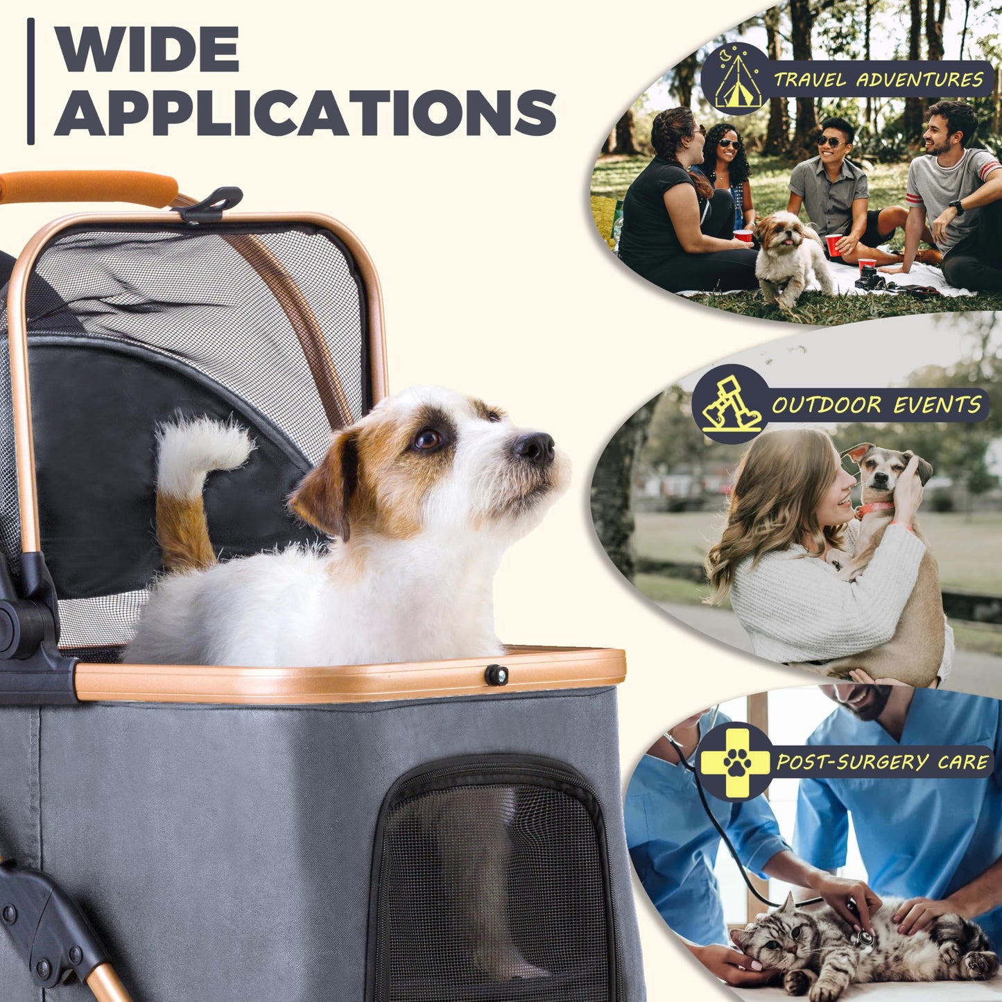 GdnWings Pet Stroller for Small Dogs, Lightweight Small Dog Stroller for Dogs Cats with 6 Shock Absorption System, Detachable Carrier Suitable for Car Seat & Hand Carry, Safe Outings, Gray