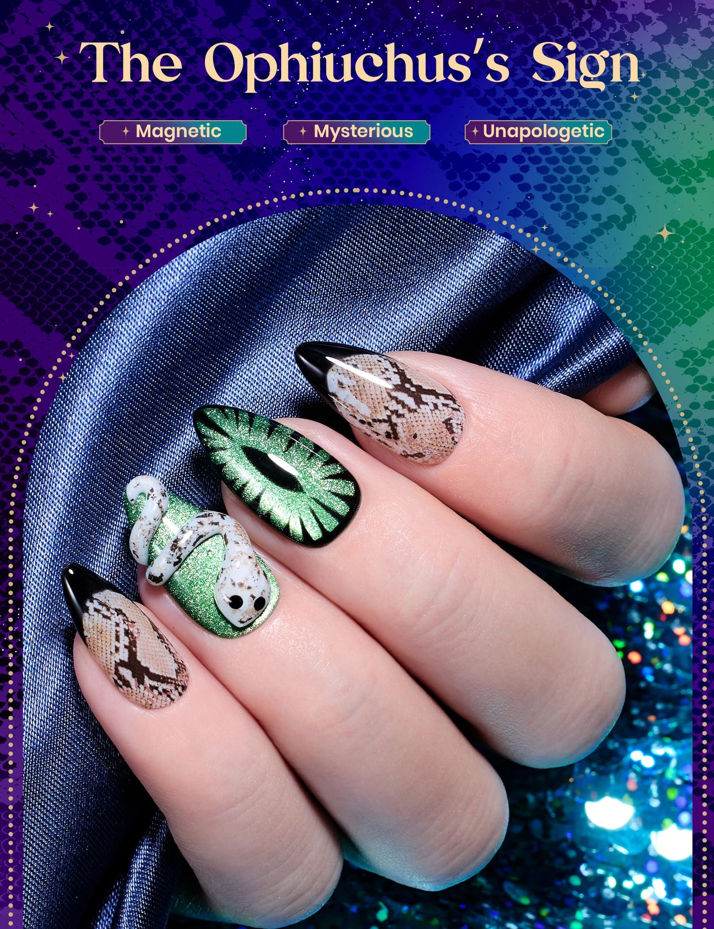 Beetles The Ophiuchus Sign Lucky Box, Ophiuchus Zodiac Gel Nail Polish Kit Nail Art Set Purple Green Gold Cat Eye Black White Gel Pink Jelly Base Top Coat Salon DIY Zodiac Gift for Women