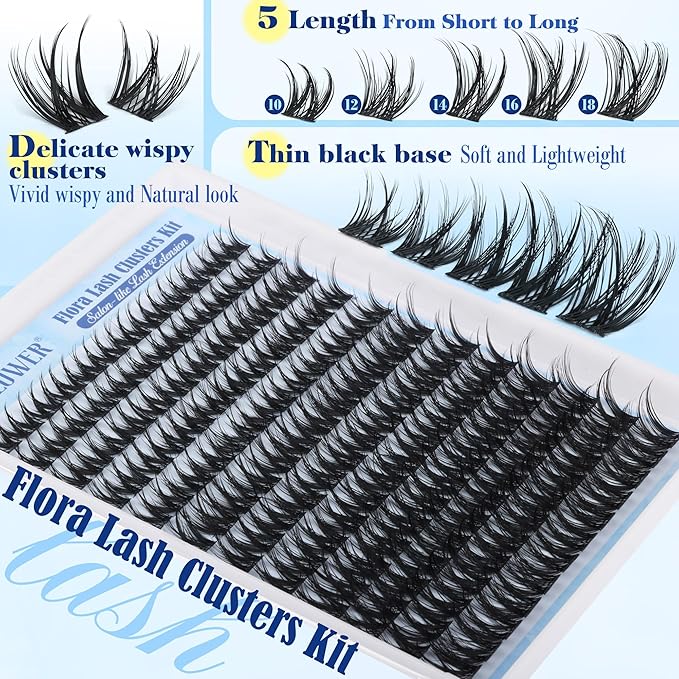 Flora Lash Clusters Kit Wispy Cluster Eyelash Extensions Natural Lash Extension Kit D Curly Fluffy Lashes Clusters Kit 10-18mm Eyelash Extension Kit Thin Band Individual Lashes by Lanflower